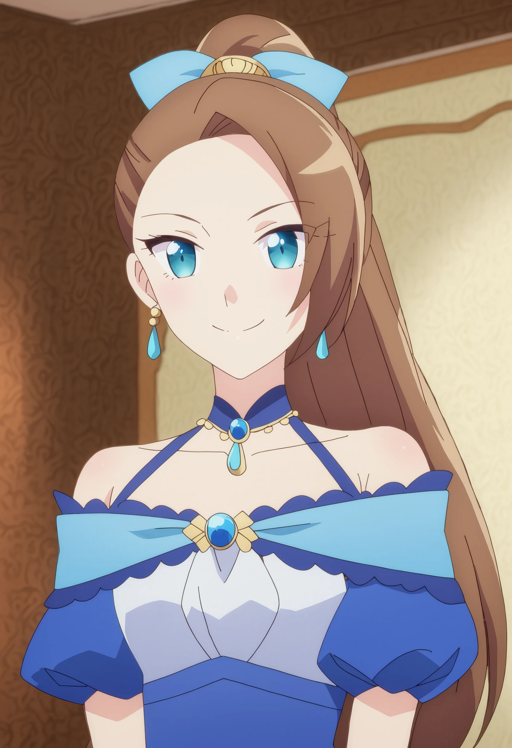 score_9, sysdeep_katarina, 1girl, solo, long_hair, smile, bangs, blue_eyes, brown_hair, hair_ornament, bare_shoulders, jewelry, closed_mouth, upper_body, ponytail, short_sleeves, hair_bow, earrings, puffy_sleeves, indoors, necklace, off_shoulder, blurry, blue_dress, blue_bow, brooch, asymmetrical_bangs, off-shoulder_dress, anime_coloring, <lora:Katarina Claes  - [My Next Life as a Villainess - All Routes Lead to Doom!] - PonyXL Version 1:1>
