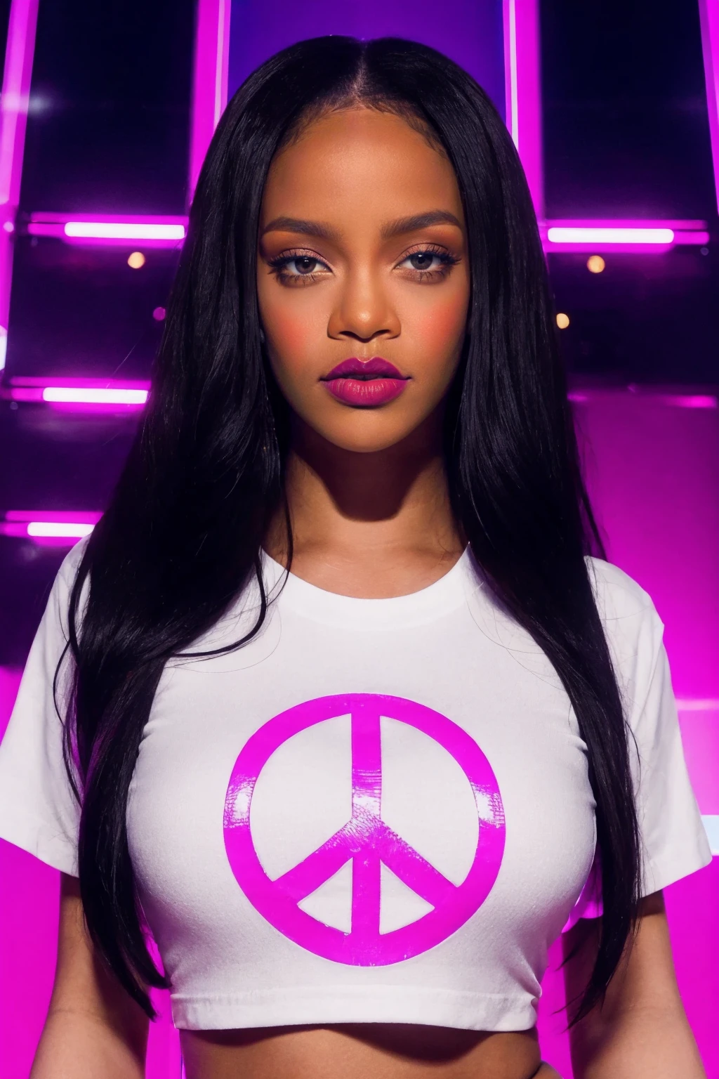 (1girl),pink lipstick,4k, 8k, ultra highres, raw photo in hdr, sharp focus, intricate texture,realistic, detailed facial features, highly detailed face,((detailed)), (Striking), Captivating, (Astounding), Architecture,Glass skyscrapper,tall building,night,standing,Neon light, Electrifying light, Vibrant glow, Neon illumination, Sharpness throughout, Balanced depth of field,peace symbol,black t-shirt,perfect eyes,<lora:Rihanna1:0.7> Rihanna1