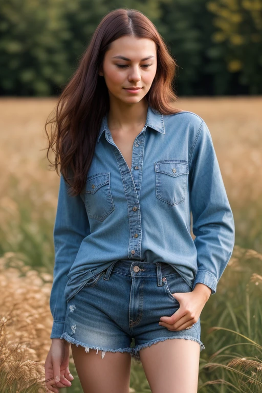 arafed young woman with long brown hair smiling at the camera, this person does not exist, french facial features, with no facial features, without makeup, young woman in her 20s, 19-year-old girl, britney spears-alyson stoner merged, short, petite, diminutive, dressed like a tomboy, wearing an open flannel shirt with a gray tshirt underneath and loose fitting jeans and sneakers, entire body visible, chilled expressions