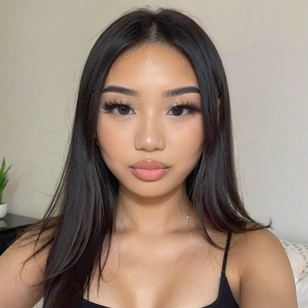 Close-up photography of the face of a beautiful 25 years old, wearing copypaste makeup, asian girl, taking selfie of herself