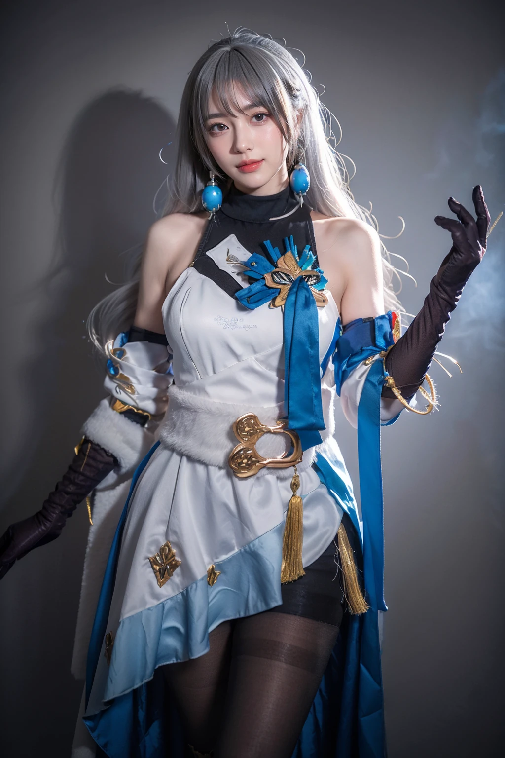 best quality, masterpiece, realistic, photorealistic, 1girl, solo, looking at viewer, smile, standing, cowboy shot, bronya cosplay costume, cosplay, grey hair, long hair, drill hair, dress, detached sleeves, jewelry, gloves, elbow gloves, gauntlets, pantyhose, black pantyhose, simple background, grey background, <lora:Honkai_StarRail_Bronya_costplay_costume_v2:0.7>