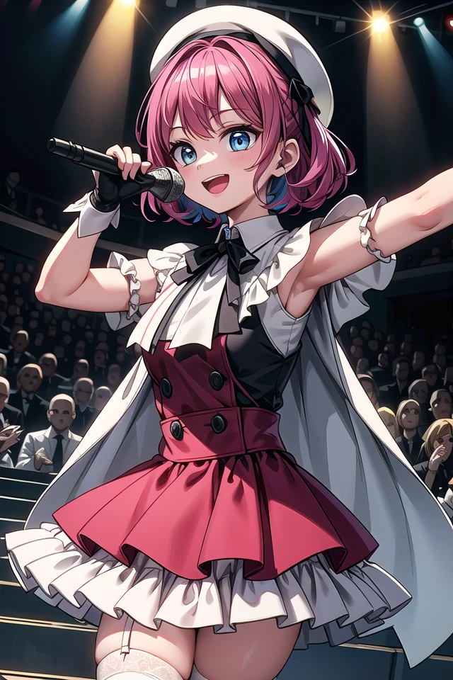 insanely detailed, absurdres, ultra-highres, ultra-detailed, best quality,
1girl, solo, nice hands, perfect hands
BREAK
(nsfw:-1.5),
(gothic drress, Idol costume:1.3), (pink and white theme:1.2), (white blouse:1.4), (white collar, tie:1.3), (open short-cape:1.3), (short sleeve:1.2), (pink tartan-check pattern (ruffle-skirt, multilayer-skirt):1.4), (white basque-beret with ribbon:1.3), (Fishnet stockings:1.3), (glove:1.2), (cleavage:-1.5)
BREAK
happy smile, laugh, open mouth, arms up, (standing, singing, dancing, holding microphone:1.3)
BREAK
seductive pose, cowboy shot
BREAK
slender, kawaii, perfect symmetrical face, ultra cute girl, ultra cute face, ultra detailed eyes, ultra detailed hair, ultra cute, ultra beautiful
BREAK
indoors, concert hall, idol live, crowded audience
BREAK
large breasts
BREAK
rainbow color hair, multiple color hair, rainbow color eyes, twist out,