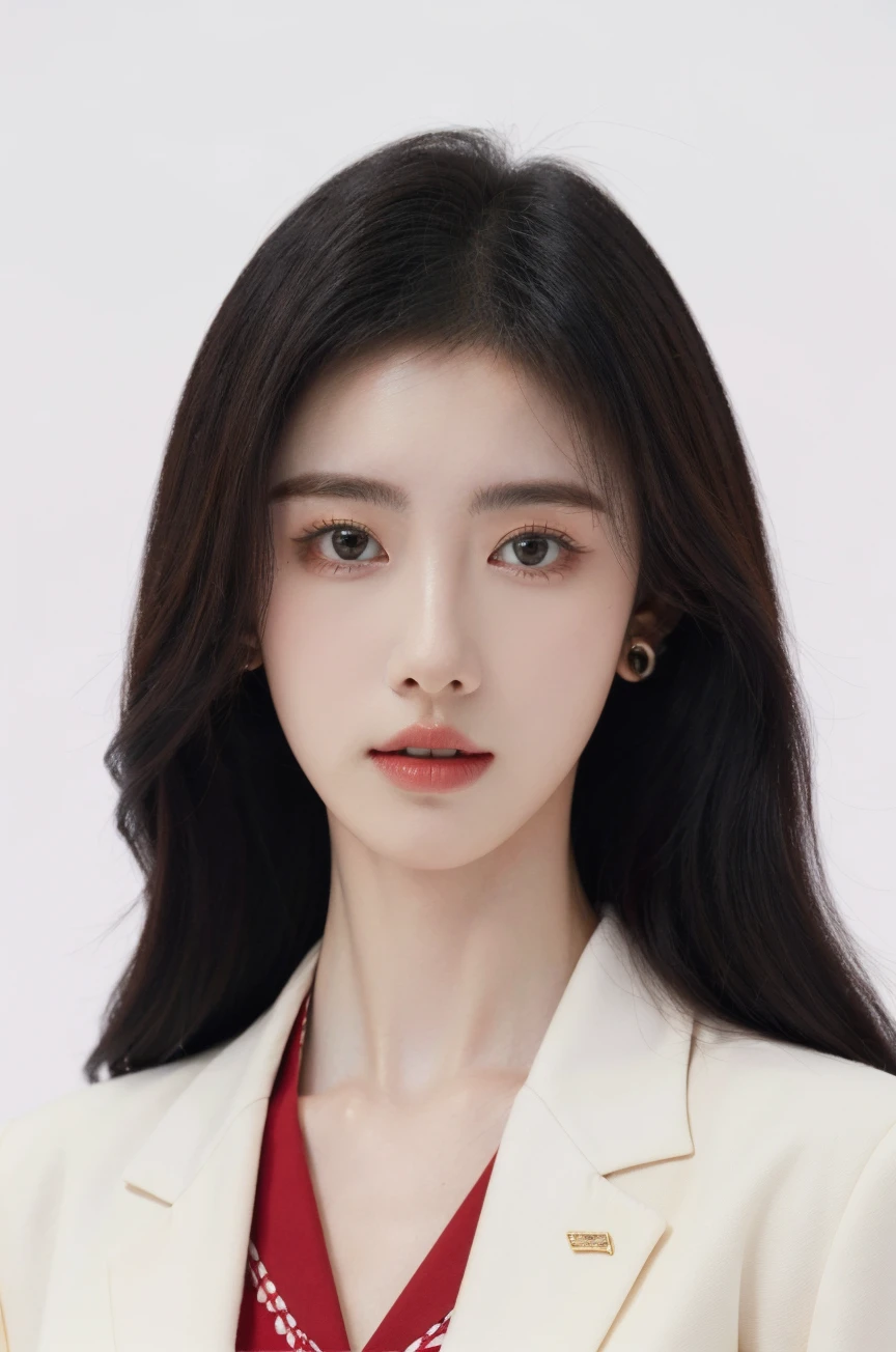 Cecily,1girl,fair_skin,very long hair,blazer,standing,dress_shirt,looking_at_viewer,<lora:Cecily:0.7>,(simple background:1.3),(white background:1.3),portrait,, (masterpiece:1.323),(best quality:1.241),(available light:1.1),(realistic:1.2),(intricate details:1.2),(colorful:1.32),(ultra high res:1.2),(Hyperrealistic:1.2),(highly detailed:1.1),8K,light effect,