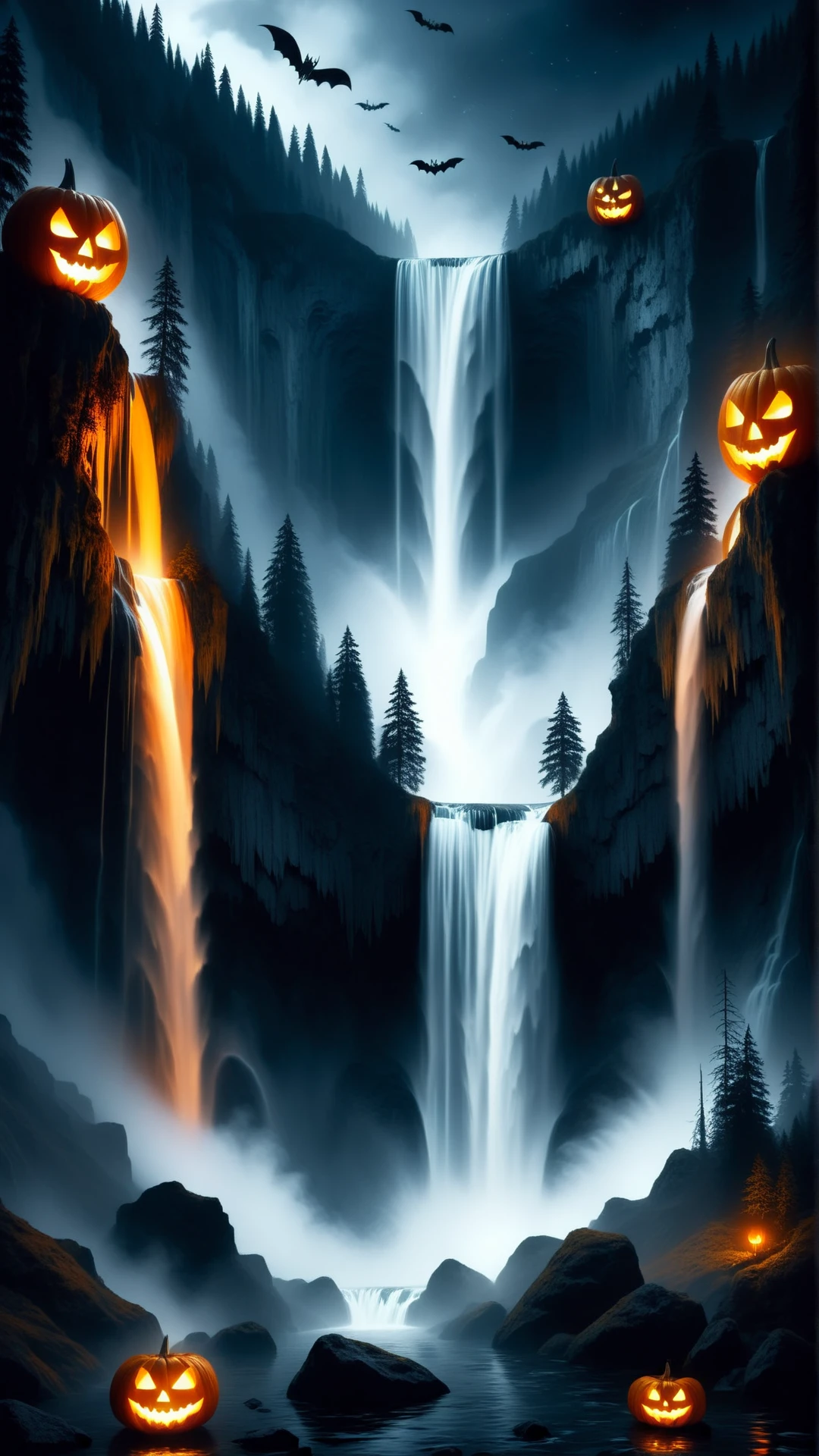 <lora:HalloweenGlowStyleXL:1>HalloweenGlowStyle waterfalls, subalpine zone, horror \(theme\), dark, atmospheric, night, glow, (Masterpiece:1.3) (best quality:1.2) (high quality:1.1)