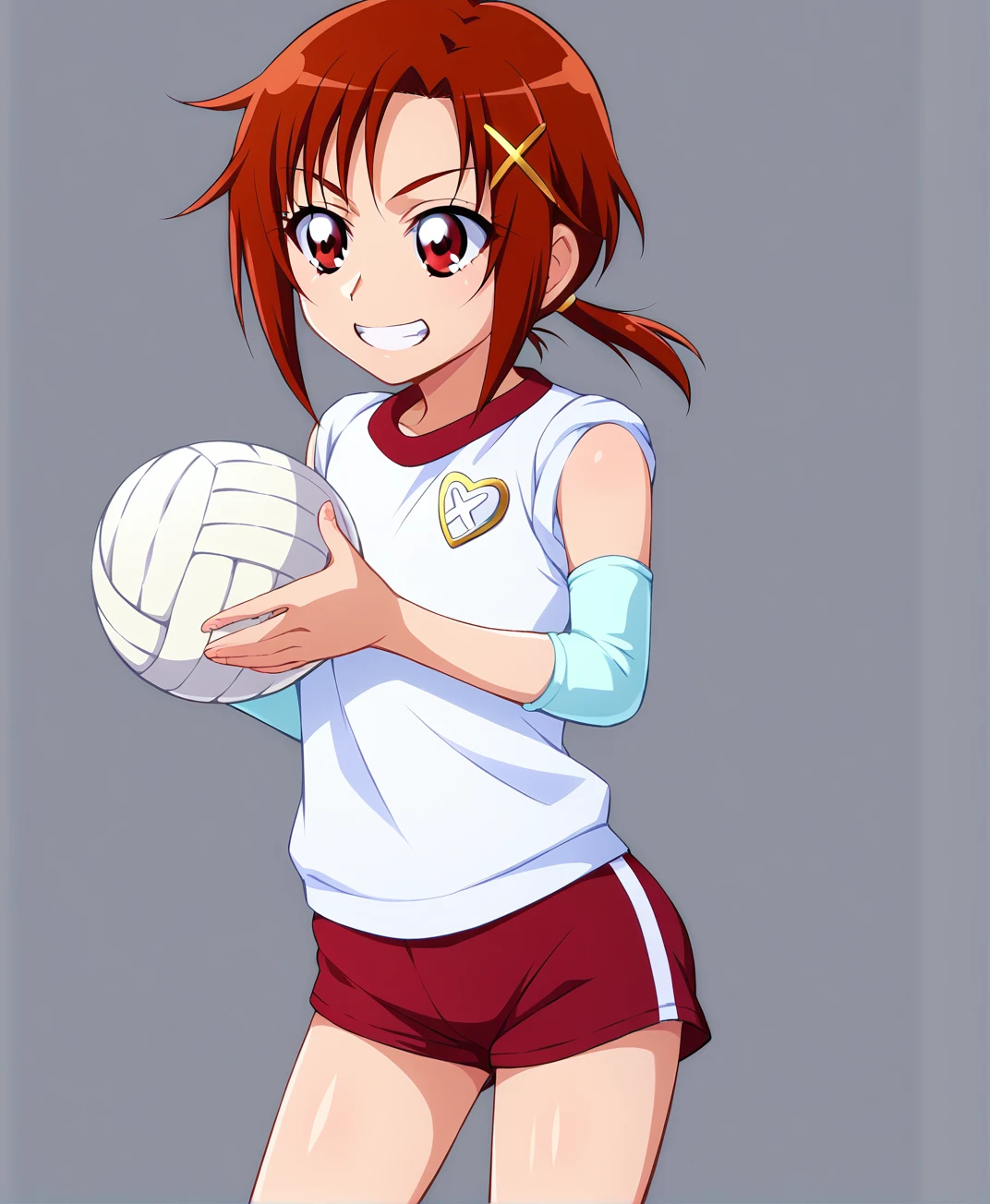 <lora:autism lora:1>
<lora:sd_xl_dpo_lora_v1:1>
score_8_up, score_9, score_7_up, score_6_up, score_5_up, score_4_up, source_anime, highres,
BREAK <lora:rolled:1>
1girl, hino akane \(smile precure!\), sleeves pushed up, gym uniform, elbow pads, knee pads, grin, x hair ornament, short ponytail, red eyes, red hair, short hair,
simple background, solo, holding volleyball, red shorts