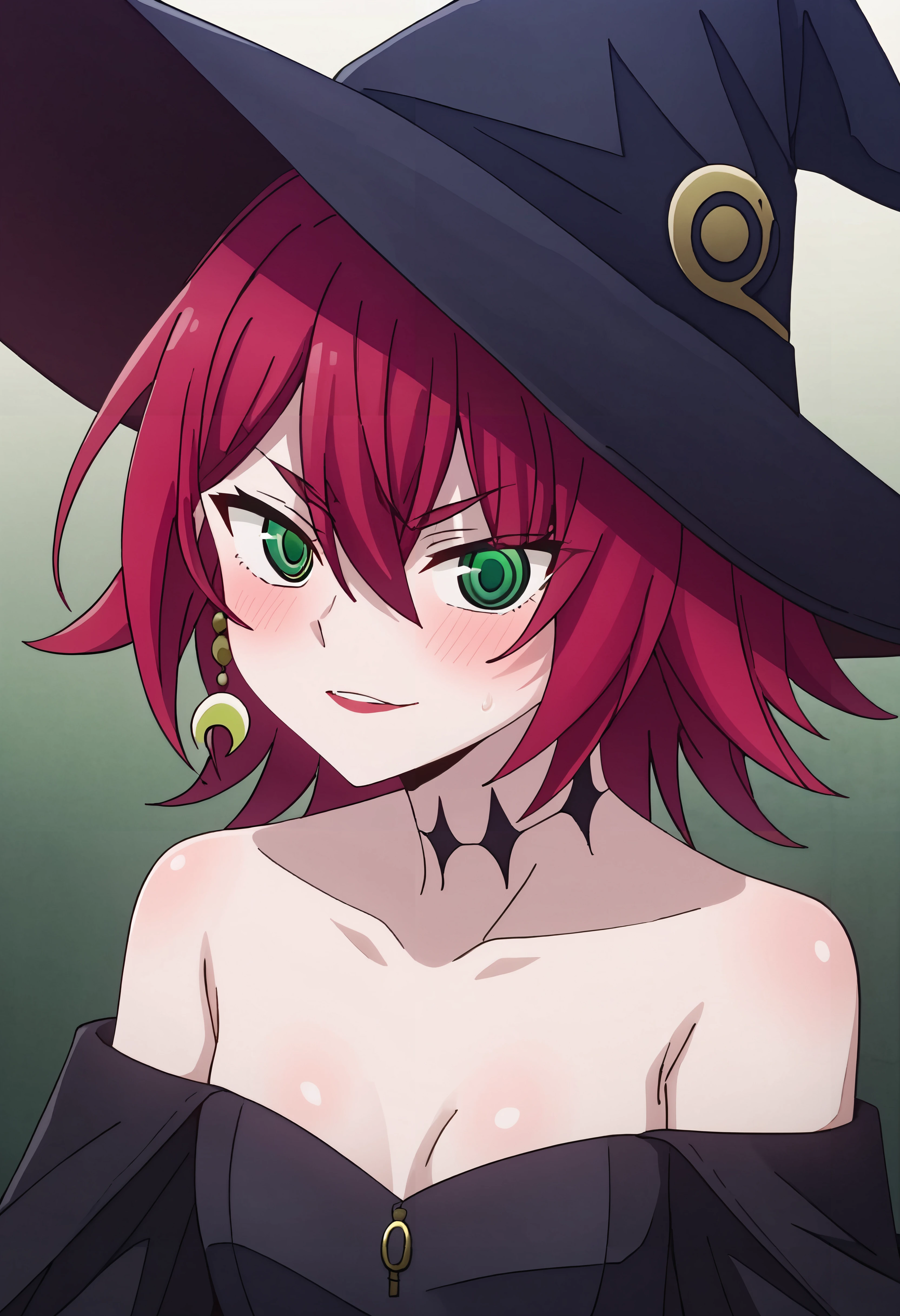 crimson, 1girl, small breasts, hat, witch hat, solo, green eyes, red hair <lora:crimson-000008:1>