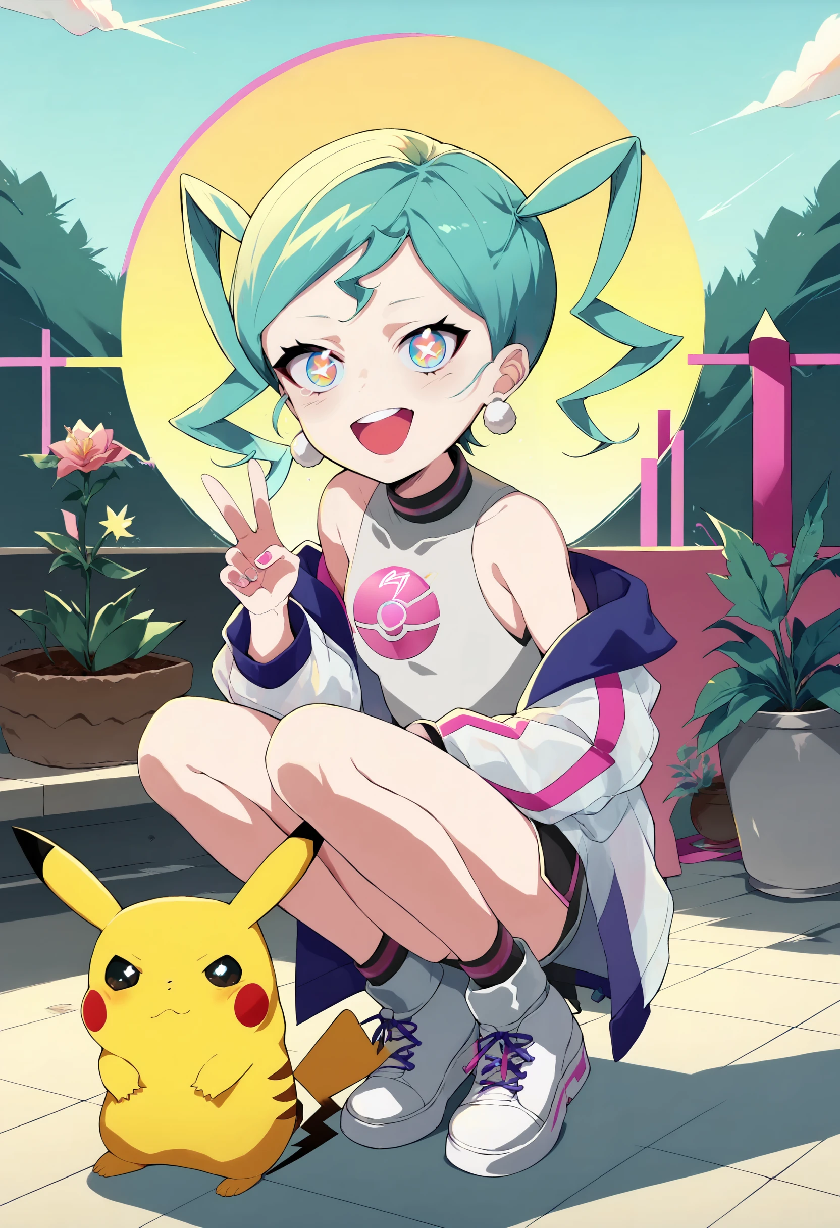 (score_9,score_8_up,score_7_up, score_4,score_5,score_6),(anime:1.2), looking at viewer, (contrasting colors, bright colors:1.1), 1girl, squatting, sneakers, <lora:HM_VT_PonyXL_v10:1>, (HM_VT_PonyXL:1.2) , making peace sign, green hair, upper teeth only, (white earrings), bangs, bare shoulders,(thunder-symbol-shaped pupils, thunder symbol in eye:1.2),multicolored eyes, (pikachu under girl:0.95), (outside, garden, detailed background:1.2), <lora:aesthetic_anime_v1s:1.2> ,