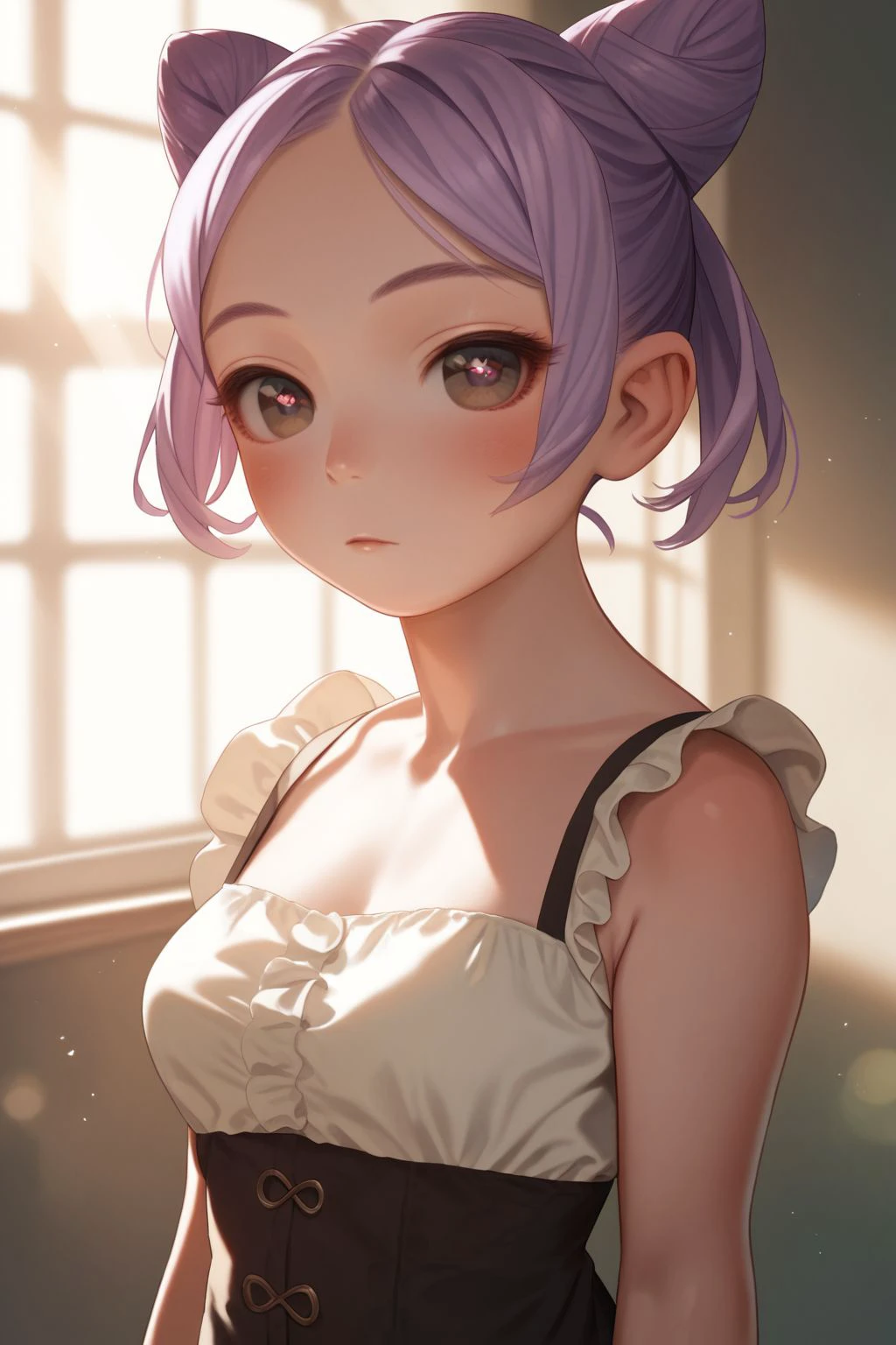 score_9, score_8_up, score_7_up, high resolution, 1girl, looking at viewer, beautiful face, detailed pupils, blush, light purple hair, cone hair bun, textured bangs, cream eyes, breasts, dark brown frilled shirt, god rays, halftone background <lora:Range_murata_PonyXL_style_v01.09:1>