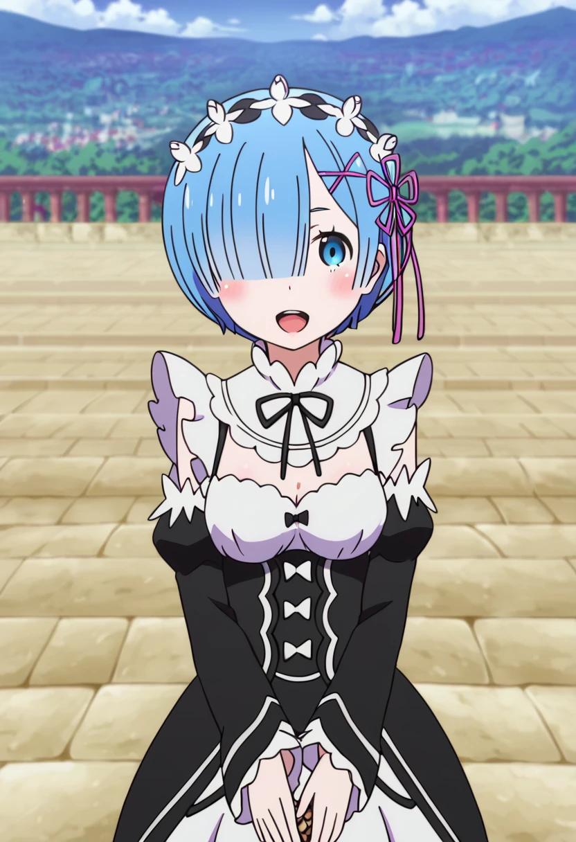 <lora:rem:1> rem \(re:zero\) 1girl, blue eyes, blue hair, blush, day, detached sleeves, hair over one eye, open mouth, rem, rem (re:zero), ribbon, short hair, solo