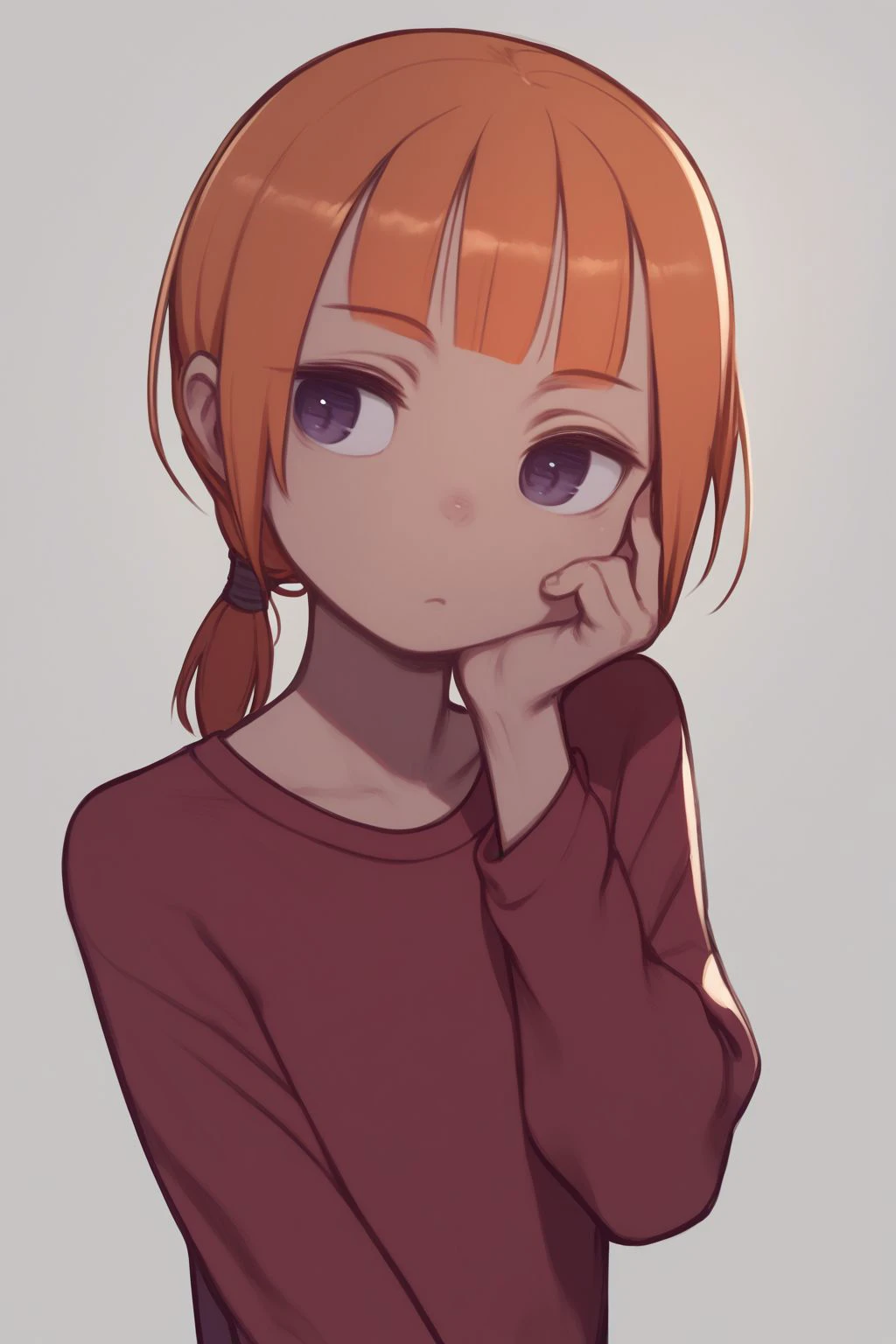 score_7_up, high resolution, 1girl, looking to the side, hand on own cheek, turn pale, orange hair, low tied sidelocks, short bangs, dark purple eyes, flat chest, red raglan sleeves <lora:kuroboshi_kouhaku_PonyXL_style_v01.09:1>