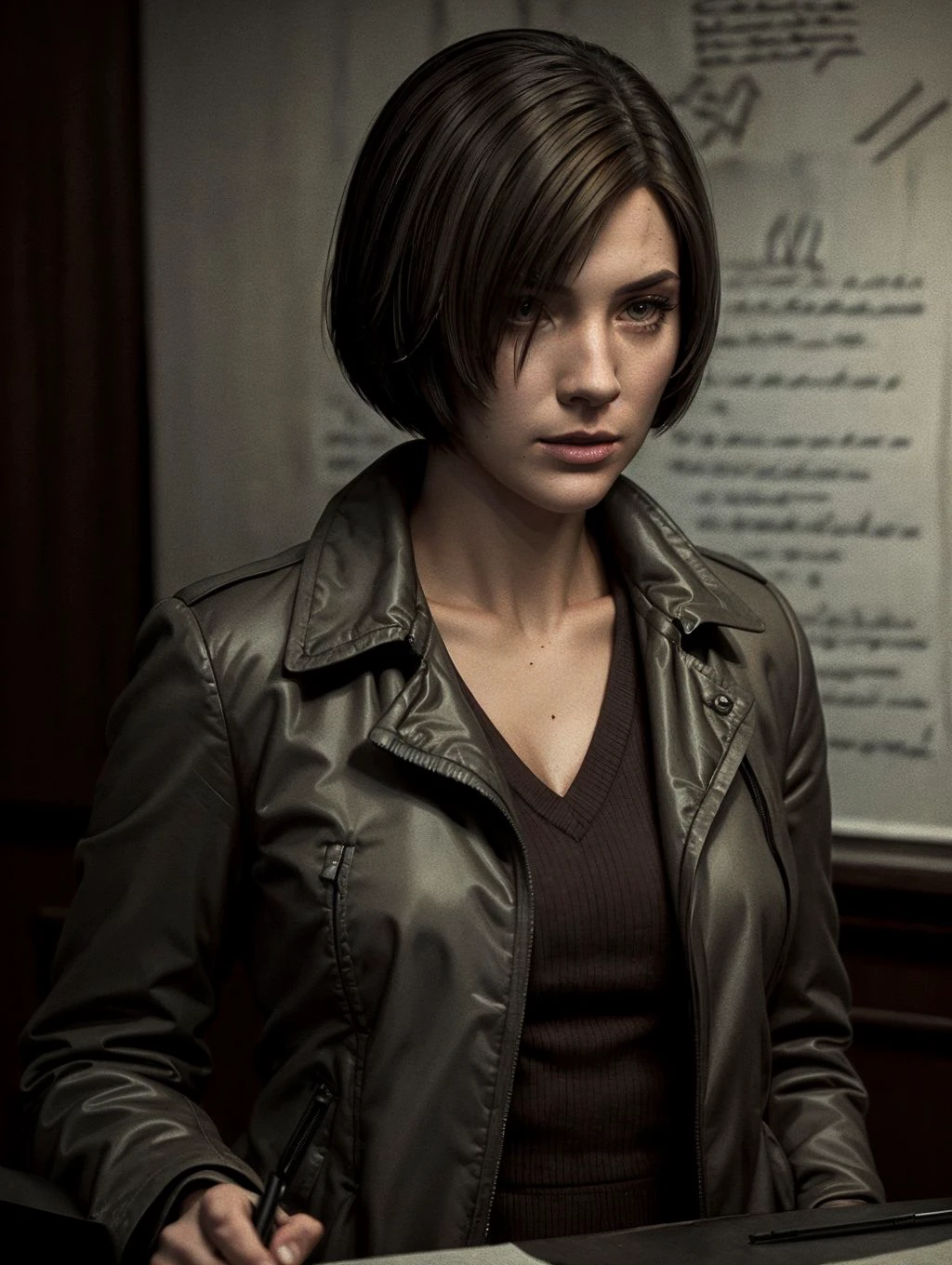 <lora:Character_EileenGalvinV2:1>, a confident woman detective with a sleek bobbed hairstyle cut and observant brown eyes, wearing a gray detective coat, is examining clues in a dimly lit crime scene, half-body:: portraited, face drawn by the masterful artist Wes Anderson, detailed, against a gritty background --ar 2:3 --niji 5 --style expressive --q 2