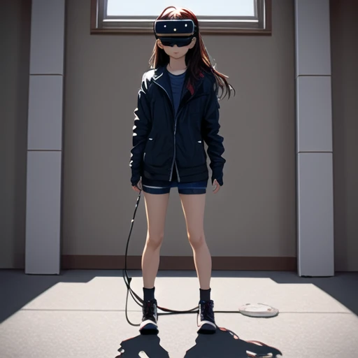 masterpiece, Highest Quality, Highest Resolution, perfect background, perfect perspective, sharp image, perfect details, perfect lighting, perfect shadows, Perfect lighting, Best background, best anime, 1girl, VR headset, head-mounted display, full body, standing,