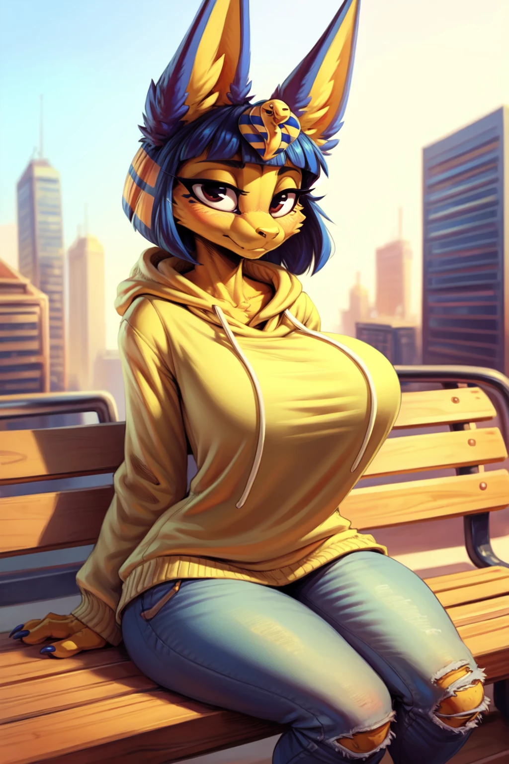 uploaded on e621, explicit content, crisp image, sharp focus, clean lines, cutesexyrobutts, hioshiru, cooliehigh, female, ankha, three quarter portrait, (city setting), (large breasts, natural breasts, breast sag:0.8), (baggy hoodie, skinny jeans, high tops), sitting, sitting on bench
<lora:Ankha:1>