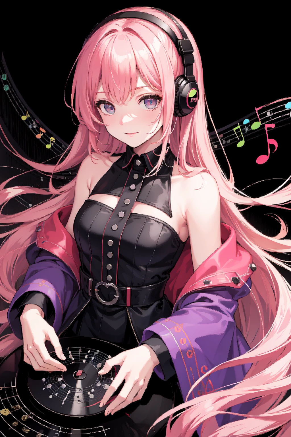 (best art,masterpiece, best quality:1.3),Vinyl LP,smirk,
beautiful details ,
(complex musical notes background,musical notes, music background:1.5),
transparent background,  colorful,
1girl ,headphones ,