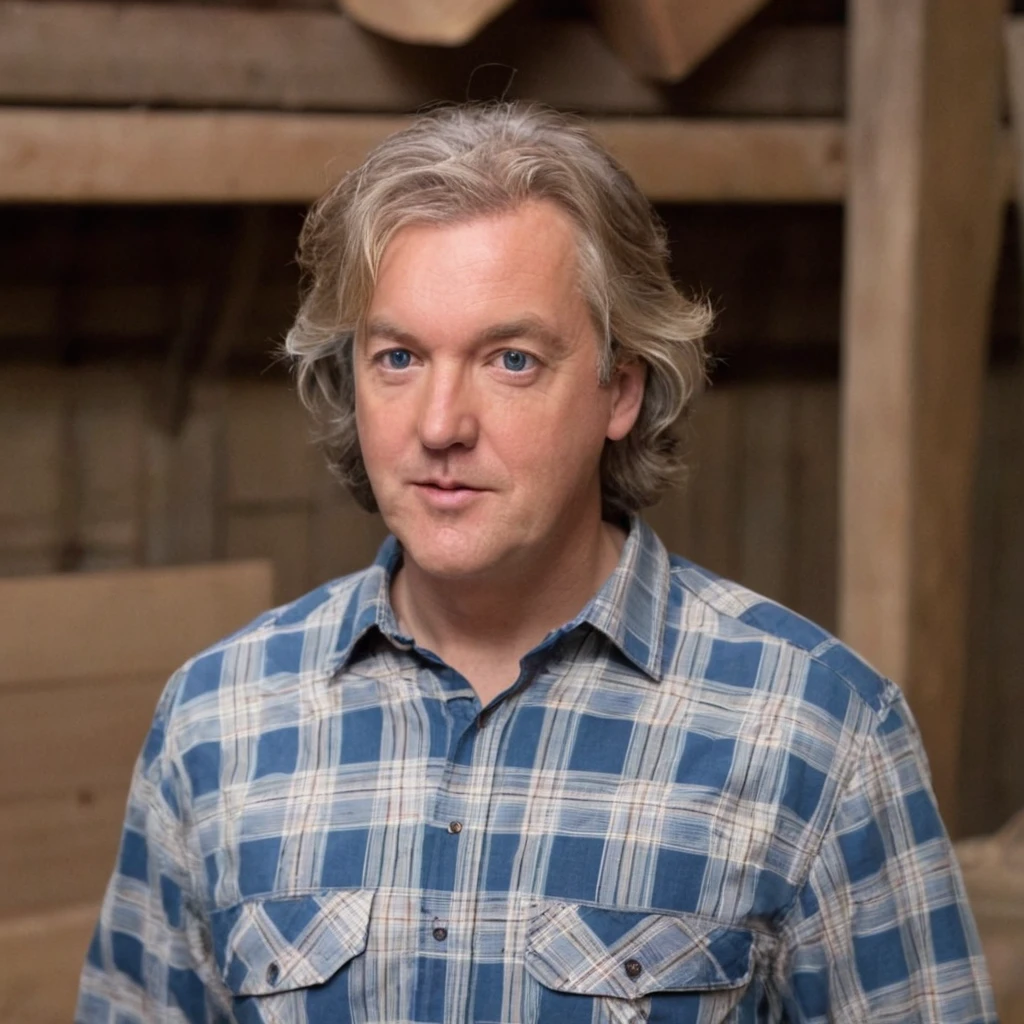 full body, jamesmay, solo, blue eyes, blonde hair, 1boy, male focus, standing in a tool shed, wearing a blue and white plaid shirt