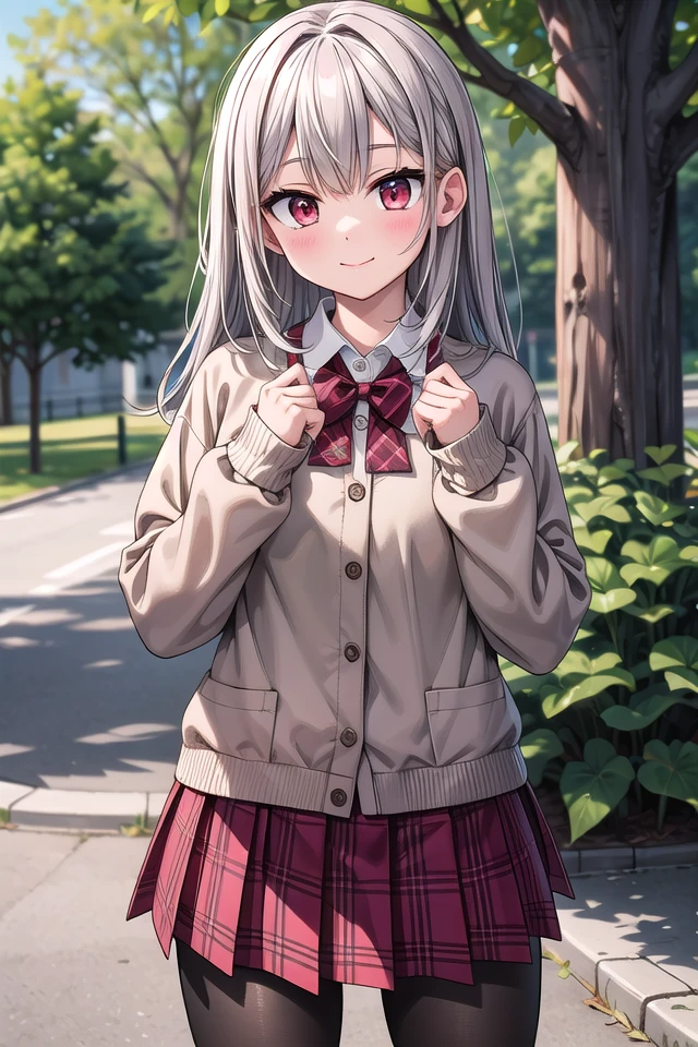 insanely detailed, absurdres, ultra-highres, ultra-detailed, best quality,
1girl, solo, nice hands, perfect hands
BREAK
(School Uniforms:1.2), (pink cardigan is fit body:1.4), ((do up a buttons, not loose):1.5), ((long sleeve, sleeves past wrists):1.2), (inner wear is white collared-shirt:1.3), (red plaid-pattern bow:1.3), (red plaid-pattern pleated skirt:1.3), ((dark-brown pantyhose, loafers):1.2)
, (cleavage:-1.5)
BREAK
happy smile, laugh, closed mouth
BREAK
(45 angle:-1.5), (from side:-1.5),
standing, cowboy shot, looking at viewer
BREAK
slender, kawaii, perfect symmetrical face, ultra cute girl, ultra cute face, ultra detailed eyes, ultra detailed hair, ultra cute, ultra beautiful
BREAK
in forest, depth of field, ultra detailed background
BREAK
medium large breasts
BREAK
(grey hair, red eyes), spiked hair,