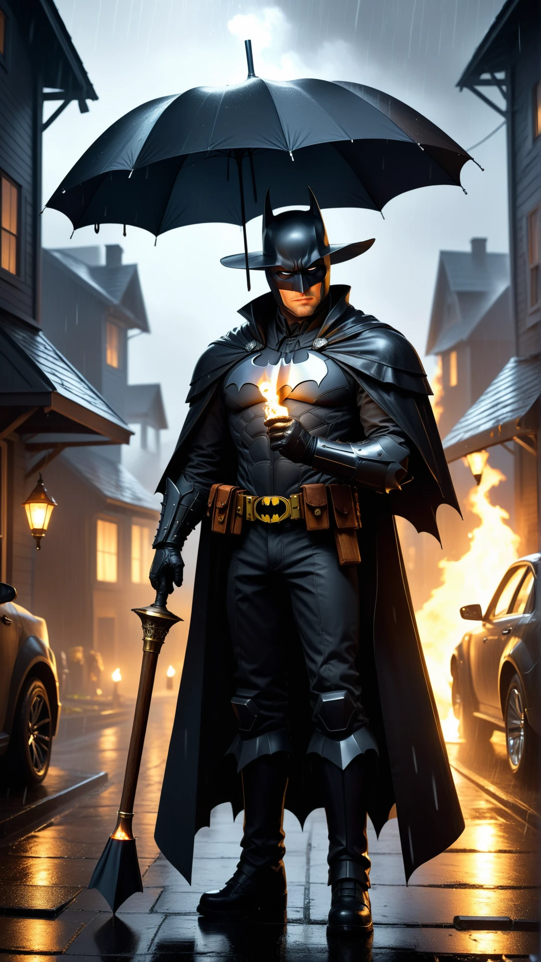 <lora:BatmanCoreXL:1>BatmanCore portrait, looking away, solo, (full body:0.6), detailed background, (<lora:Concept - Shadowmancer:0.4>, ink, shad0wmancer theme:1.1), hexbreaker, serious expression, elaborate intricate padded leather clothes, pockets,,coat flaming wooden torch **(flashlight, welding torch, candle:1.2),**, wide brimmed tall hat, shrouded in mistery,,seeking heretics,, fellowship of the silver hammer burning pyre in background, falling rain,**(umbrella:1.2),**, flickering flamelight, warhammer dark fantasy atmosphere, **(modern houses, cars, modern environment:1.2),**, sleek, (carbon fiber:0.7), (tech:0.8), (sci-fi:0.7), 24mm, (analog, cinematic, film grain:1.3), Bokeh DOF, (Masterpiece:1.3) (best quality:1.2) (high quality:1.1)