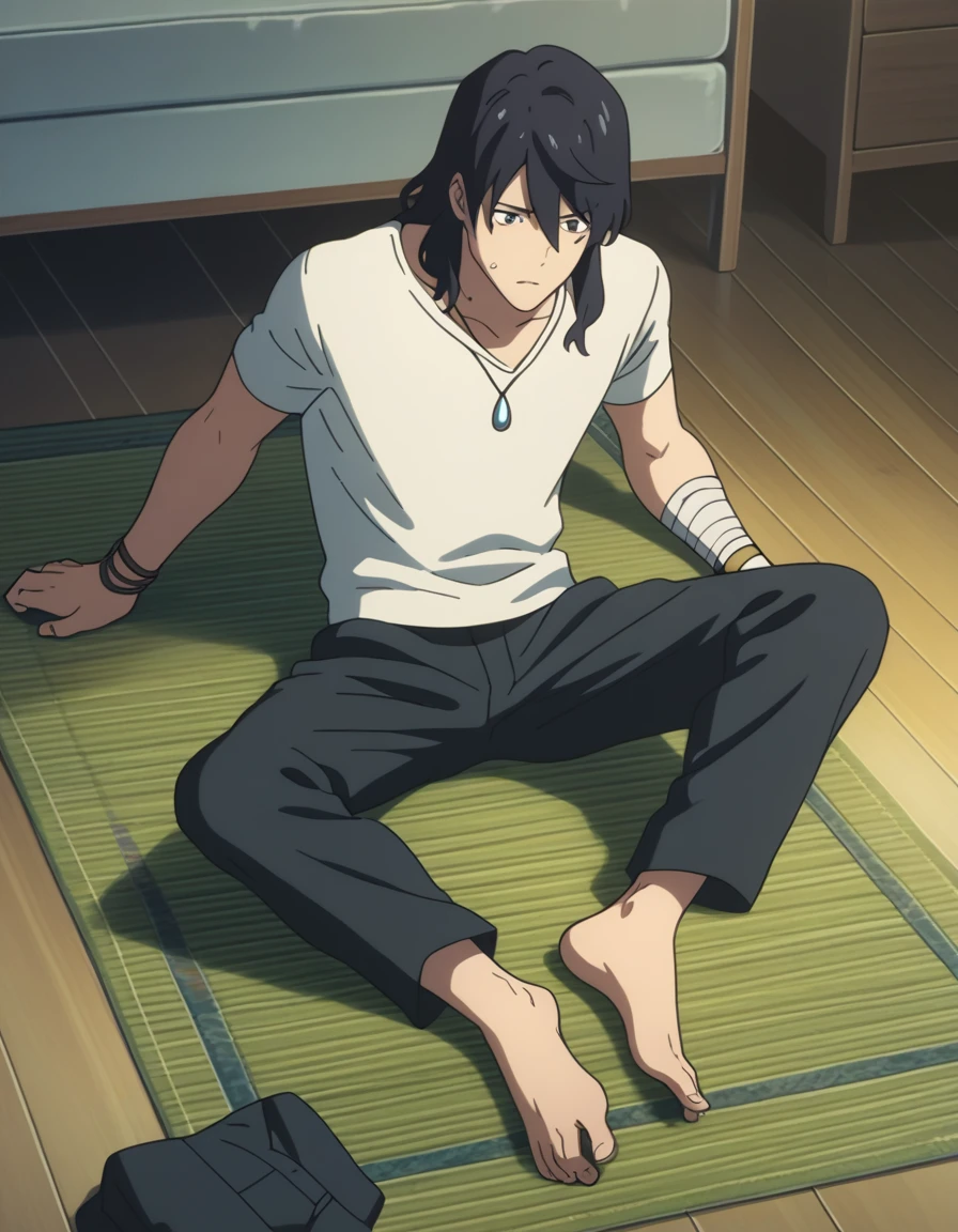 score_9, score_8_up, score_7_up, score_6_up, score_5_up, score_4_up, source_anime,
<lora:suzume-pack-ponyxl:0.75>
souta, long hair, white shirt, black pants, necklace, t-shirt, bracelet, short sleeves, bandaged arm,
1boy, solo, on floor, bedroom, worried