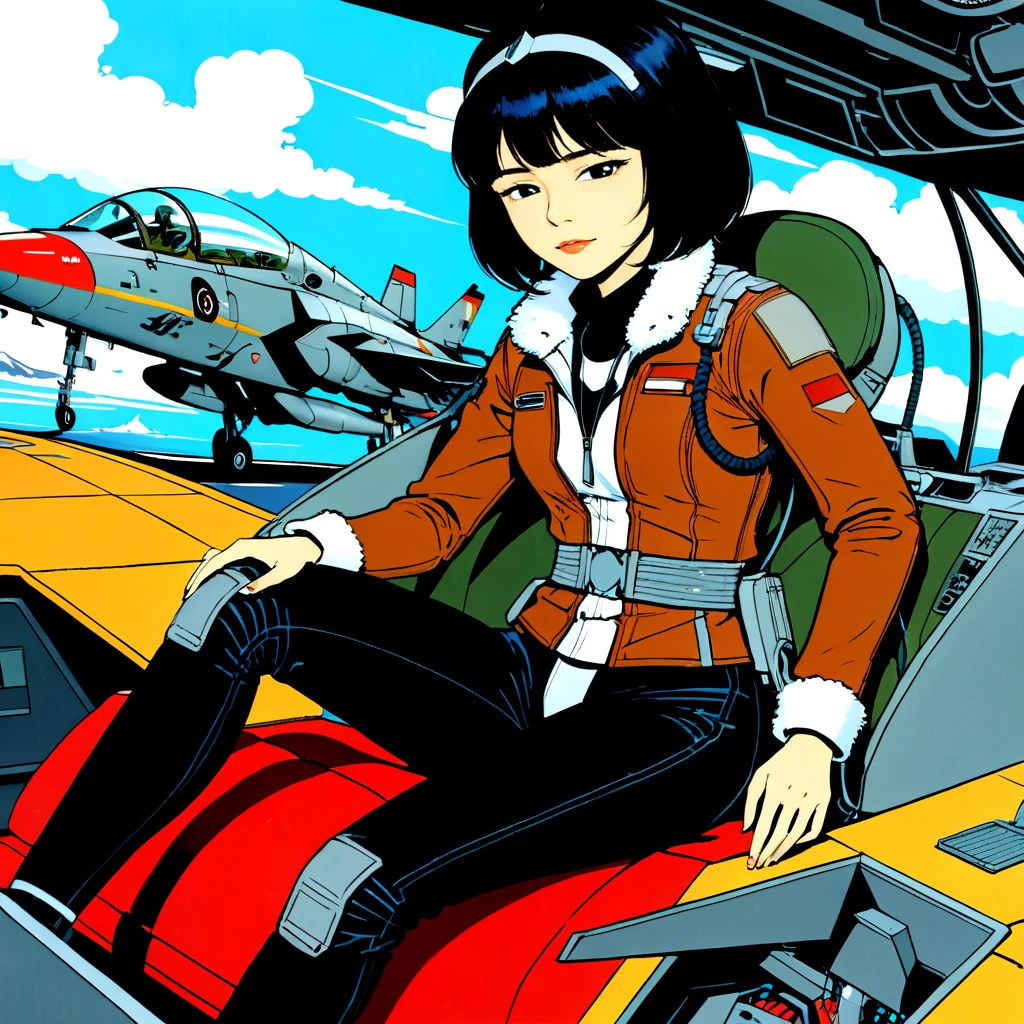 (best quality, masterpiece, absurdres, highres, ultra_detailed, dynamic angle:1.2), Yoko Tsuno <lora:yoko_tsuno-xl-v2-000014:0.7>, 1girl, sit inside a fighter jet cockpit, jet pilot, (brown leather jacket with white fur trim, black pants:1.15), embroided japanese flag on shoulder, close-up, solo, alone, futuristic, sci-fi, traditional media, 1990s \(style\), retro artstyle, (intricate details, hyperdetailed:1.15), (ultrahigh resolution textures), (volumetric, cinematic) lighting