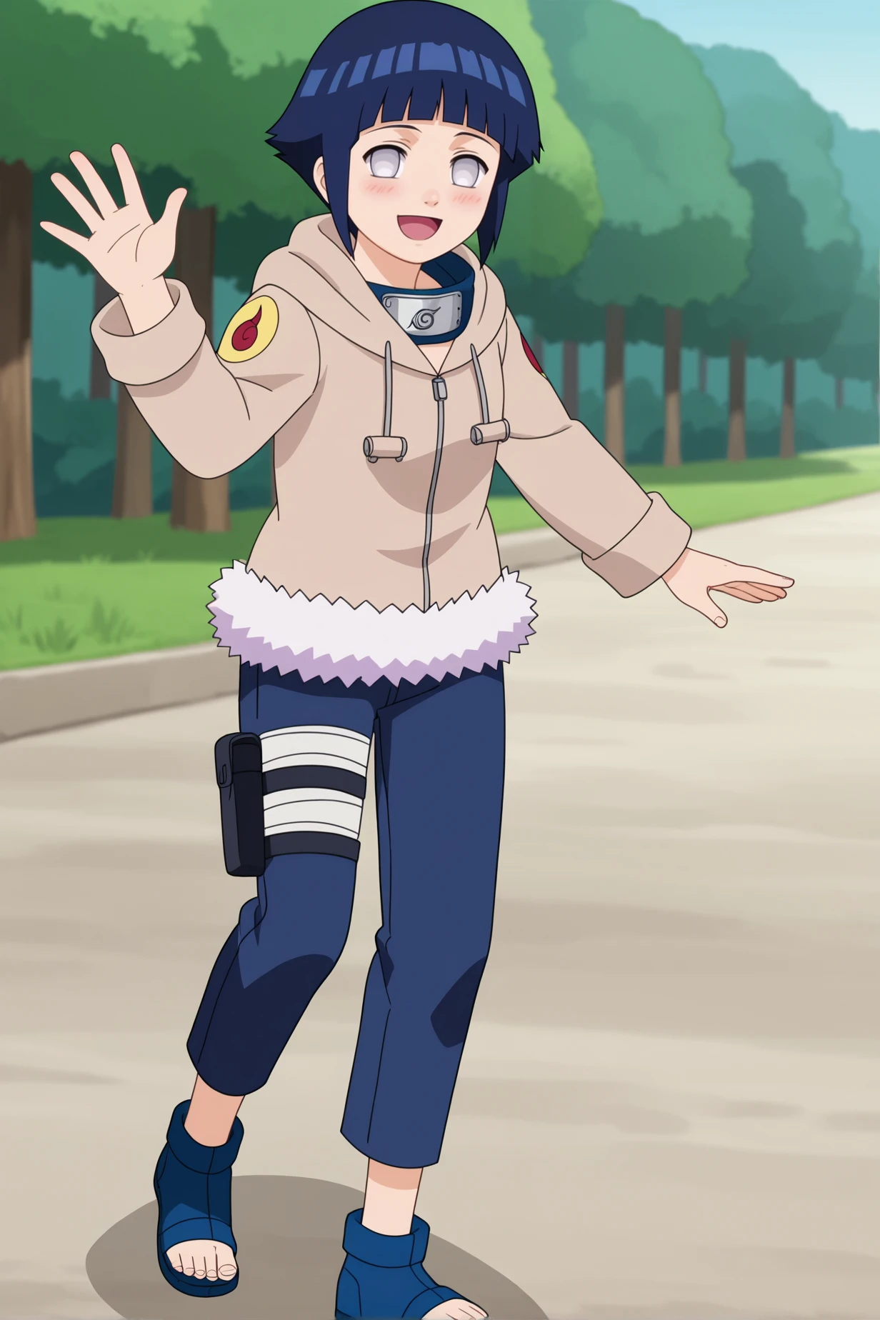 score_9, score_8_up,source_anime,
 <lora:HinaGeninXL:1>,short hair, dark blue hair, no pupils, 1girl, blunt bangs, shiny hair, grey eyes, hoodie, solo, hood down, long sleeves, looking at viewer, blush, fur trim, capri pants,  smile,standing, full body, bandages, thigh holster,konohagakure symbol, forehead protector, waving, open mouth, toeless footwear,legs together, 
outdoors, forest,
anime screencap, anime coloring,
