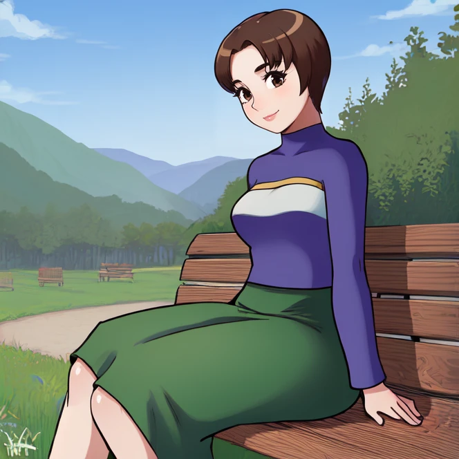 close-up, solo, <lora:harukaHikari(MMBN):0.9> haruka_hikari, mature female, brown hair, brown eyes, short hair, green skirt, long skirt, purple shirt, long sleeves, sitting, outdoors, park bench, smile, highres, Digital art, trending on artstation, best quality, insanely detailed, masterpiece, stunning environment, wide-angle,