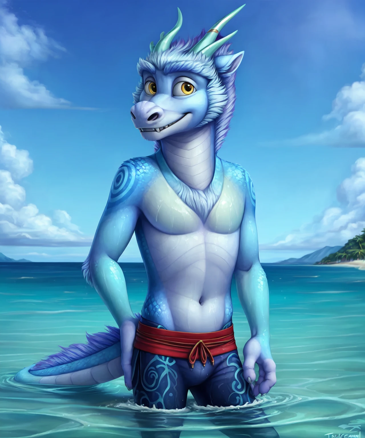 this photograph depicts a h3i standing partially submerged in the ocean at a beach, swim trunks, swimwear only, male,solo, bare chest, body fur, chest tuft, eastern dragon,fur, hair, scales, detailed scales, horn, thick eyebrows, anthro, looking at viewer, awkward smile, lopsided smile,cute expression, glistening yellow eyes,pixar eyes, water splash, skinny,fangs,sharp teeth, wet, sweat,cinematic lighting, anatomically correct,ventral groove, navel, pubic fur,symmetrical,detailed background, outside, beach, ocean, water, partially submerged, floral print, ultra realism shading,natural light, by truegrave9,by skipsy,by personalami, by zyria, by tojo the thief, by thesecretcave, <lora:h3i_YMv1:0.8>, by sicklyhypnos, by sisu (ratld), by husdingo
