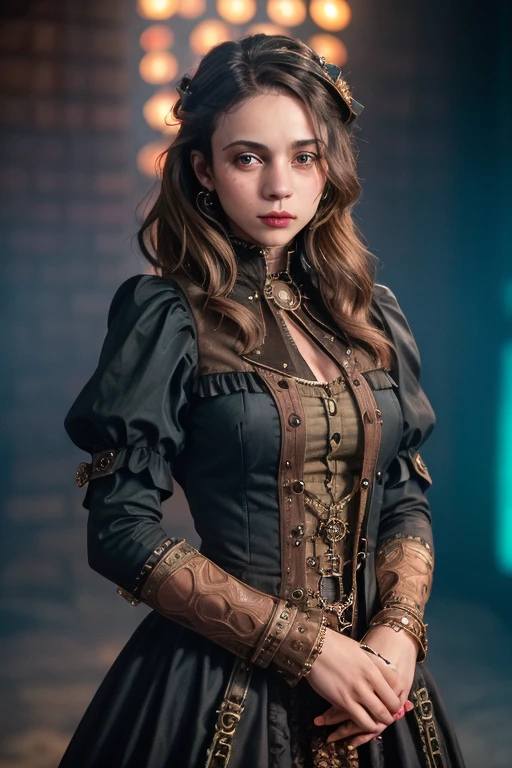 RAW photo, a photograph of laur3bv woman, steampunk, gothic, victorian era, (high detailed skin:1.2), 8k uhd, dslr, soft lighting, high quality, film grain, Fujifilm XT3 <lora:laur3bv-v3:0.9>