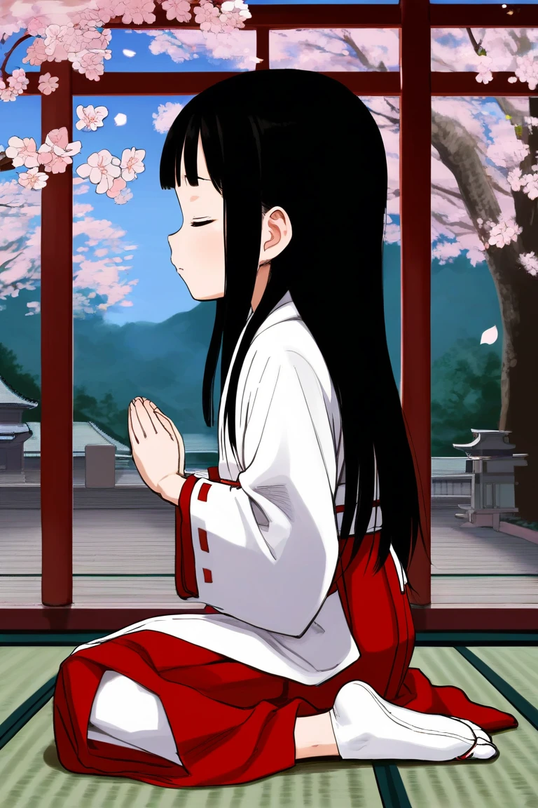 score_9, score_8_up, score_7_up, rating_safe BREAK
1girl, blunt bangs, forehead, extremely long hair, shiny black hair, closed eyes, flat chest, (praying), miko, red skirt, japanese clothes, tabi, on floor, (seiza), from side, full body, wide shot, shrine, cherry blossoms