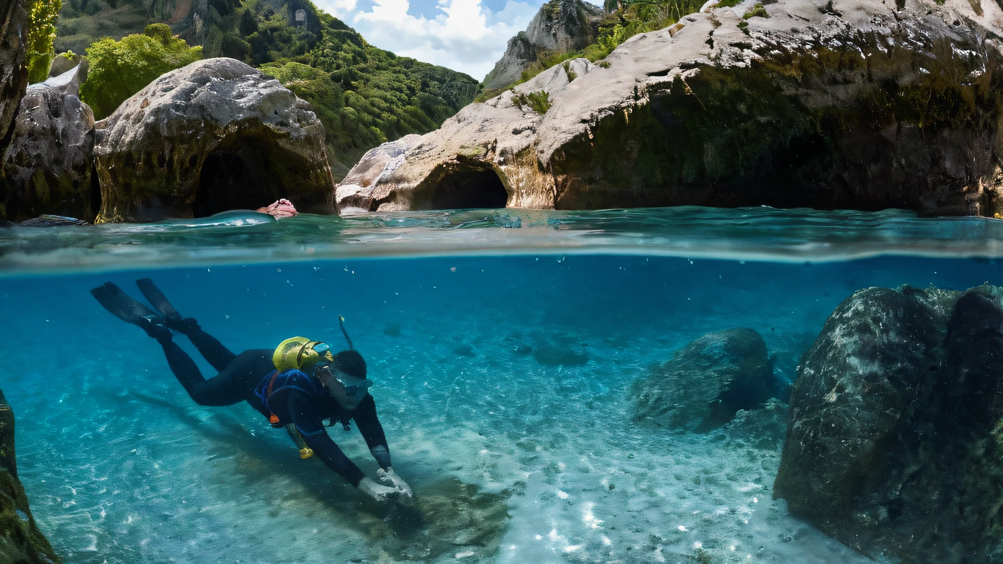 a man swimming in the ocean with a boat in the background and a boat in the water in the foreground, an underwater view of a cave and a rock in the middle of the water with a fish swimming underneath it <lora:Splitshot:1>