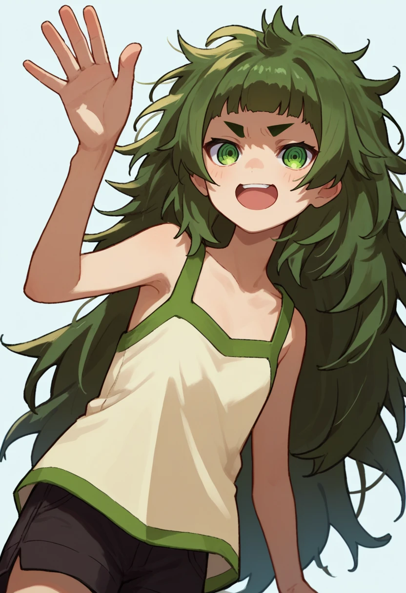 score_9, score_8_up, score_7_up, source_anime, 1girl,  hiyajou maho, messy hair,  green eyes,  singlet, black shorts, waving,  <lora:Maho-000008:1>