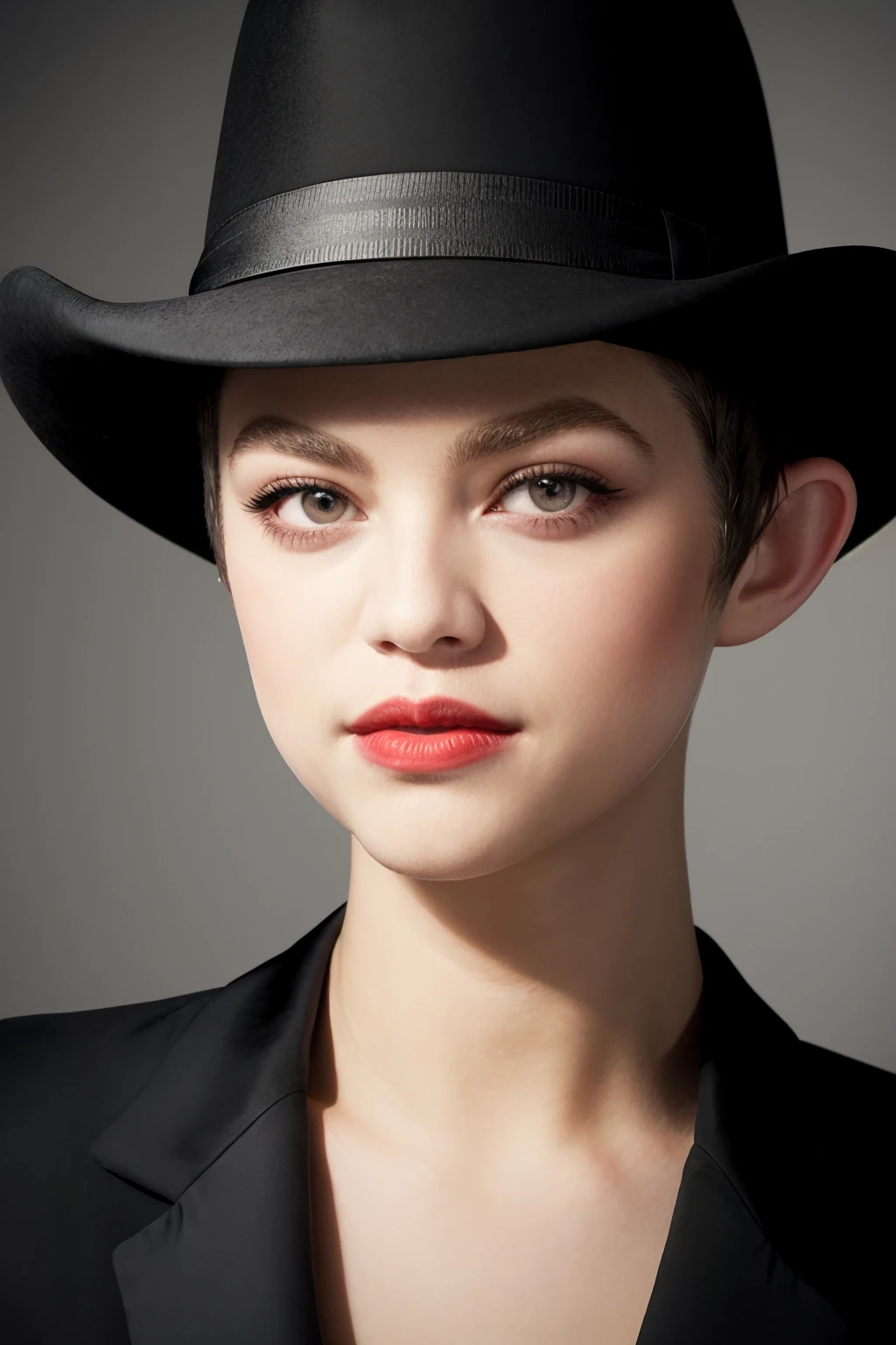 elvyyost, woman, close-up portrait, highly detailed, black suit, hat, short hair, buzzcut, bakeup, red lips,
 <lora:ElvyYostSD_v1a:1>