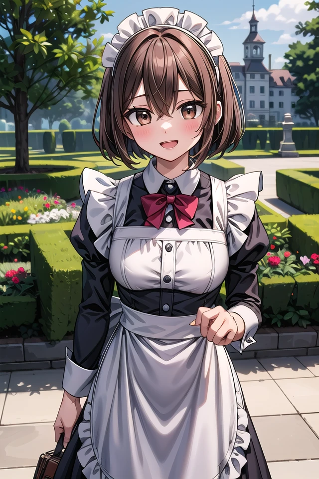 insanely detailed, absurdres, ultra-highres, ultra-detailed, best quality,
1girl, solo, nice hands, perfect hands
BREAK
(cleavage:-1.5),
(traditional maid:1.2),
apron, blush, bow, bowtie, frilled apron, frills, long sleeves, maid, maid apron, maid headdress, waist apron, white apron,
(maid costume, maid hair dress:1.3), long skirt
BREAK
happy smile, laugh, open mouth
BREAK
,
standing, cowboy shot, looking at viewer
BREAK
slender, kawaii, perfect symmetrical face, ultra cute girl, ultra cute face, ultra detailed eyes, ultra detailed hair, ultra cute, ultra beautiful
BREAK
fantasy world, garden of a castle, depth of field, ultra detailed background
BREAK
medium breasts
BREAK
(brown hair, brown eyes), short bob cut, hair between eyes
