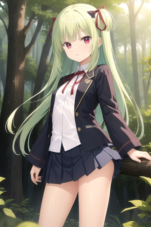 ((masterpiece)),(best quality),official art,extremely detailed CG,unity 8k wallpaper,ultra detailed,beautiful detailed eyes,extremely detailed face,forest,nature,1girl,solo,cowboy shot,looking at viewer,facing viewer,(petite:1.3),smile,standing,Murasame,very long hair,green hair,two side up,blue bow,hair bow,sidelocks,blunt bangs,red eyes,neck ribbon,red ribbon,blue jacket,wing collar,open jacket,white shirt,long sleeves,button,small breasts,blue skirt,pleated skirt,frilled skirt,black socks,white footwear,<lora:Murasame(sb):0.8>,