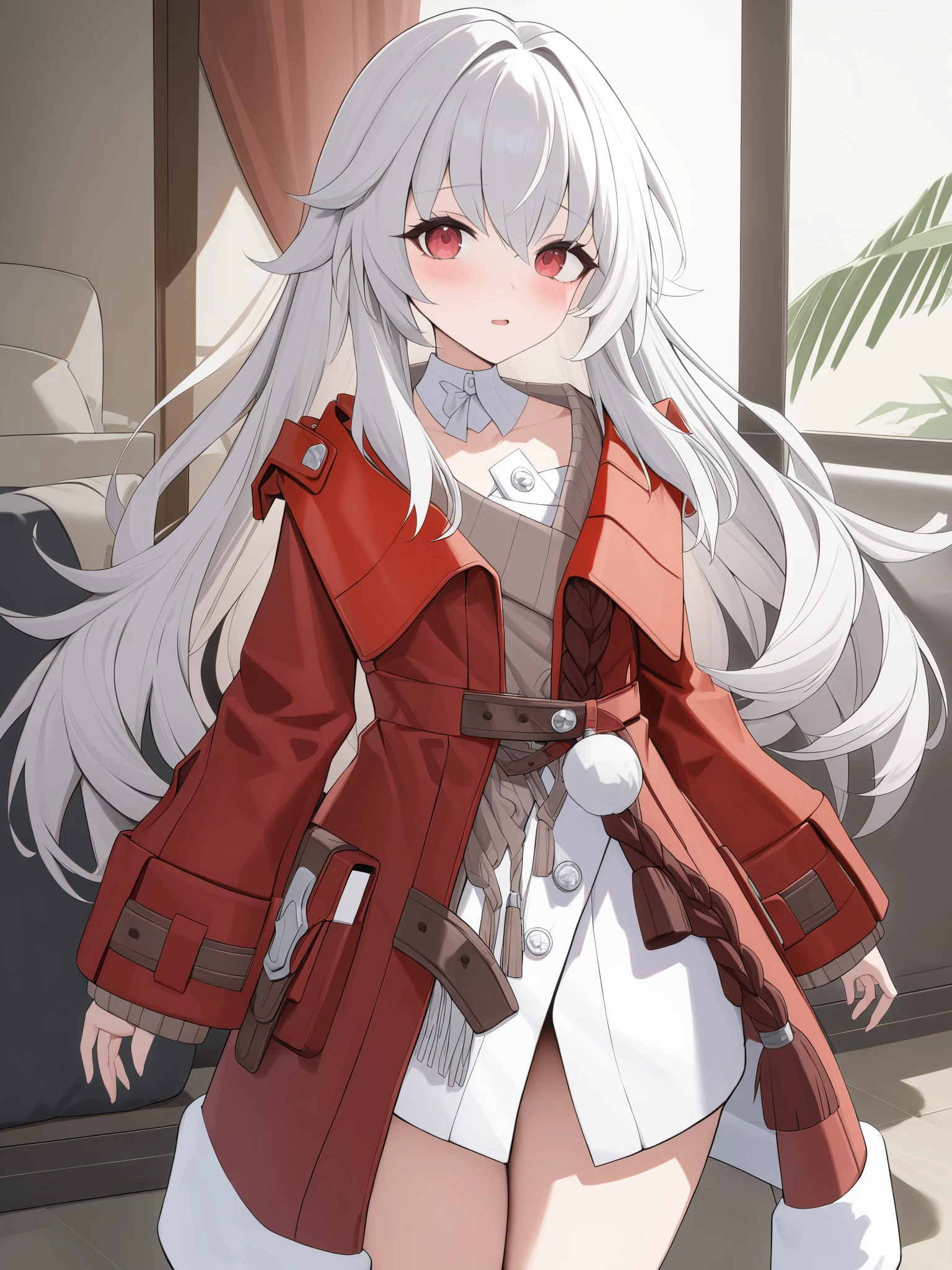 <lora:xl_clara(kohaku_delta)-000008:1>,clara is a girl with long white hair and red eyes,she is wearing the 'kelala' outfit which includes red coat brown sweater white shirt,, (masterpiece,best quality,ultra detailed,highres,absurdres:1.2)