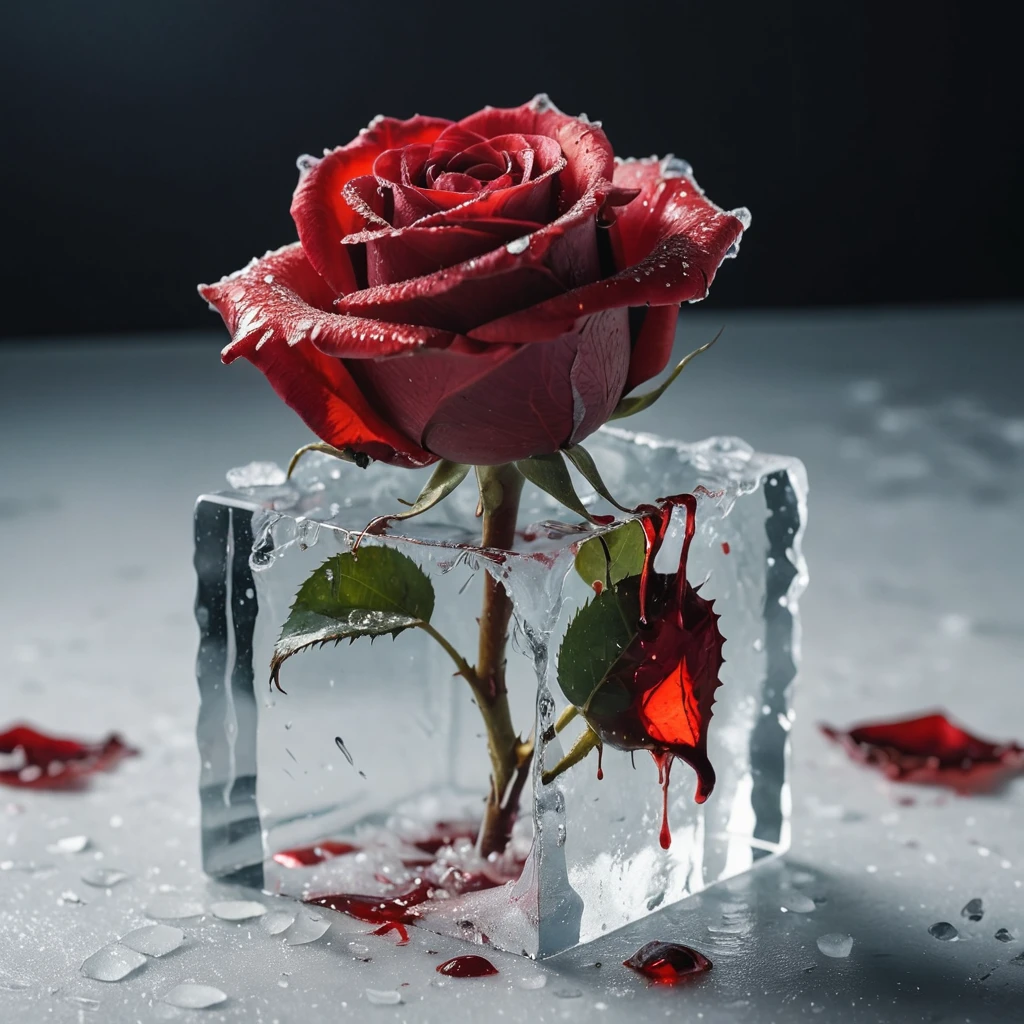 close-up photo of a beautiful red rose breaking through a cube made of ice , splintered cracked ice surface, frosted colors, blood dripping from rose, melting ice, Valentine s Day vibes, cinematic, sharp focus, intricate, cinematic, dramatic light