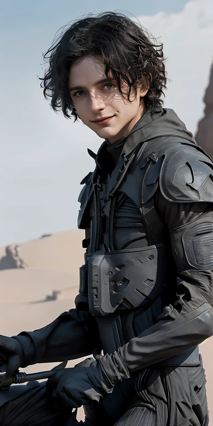 (((masterpiece))),(((best quality))),((ultra-detailed)),(((lots of details))),(beautiful detailed girl),((Epic Light and Shadow)),cinematic angle,oil painting,(illustration),(detailed light),((an extremely delicate and beautiful)),
fantasyArt,DigitalArt,
Paul Atreides,Dune,solo,1boy,male focus,black hair,knife,holding,weapon,holding knife,gloves,looking at viewer,short hair,armor,holding weapon,smile,animification,blurry background,
Dune,Dune movie,Paul Etrudy,big scene,desert,Panorama,
<lora:Paul Atreides:0.7>,(dynamic angle:1.5),