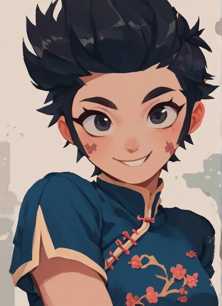 score_9 ,score_8_up , score_7_up, score_6_up, score_5_up, score_4_up <lora:bsbibixl-000004:1>bsbibi , 1 girl , black hair , , short hair , sideburns ,cute , pompadour up , anime eyes ,Chinese Dress , smile ,