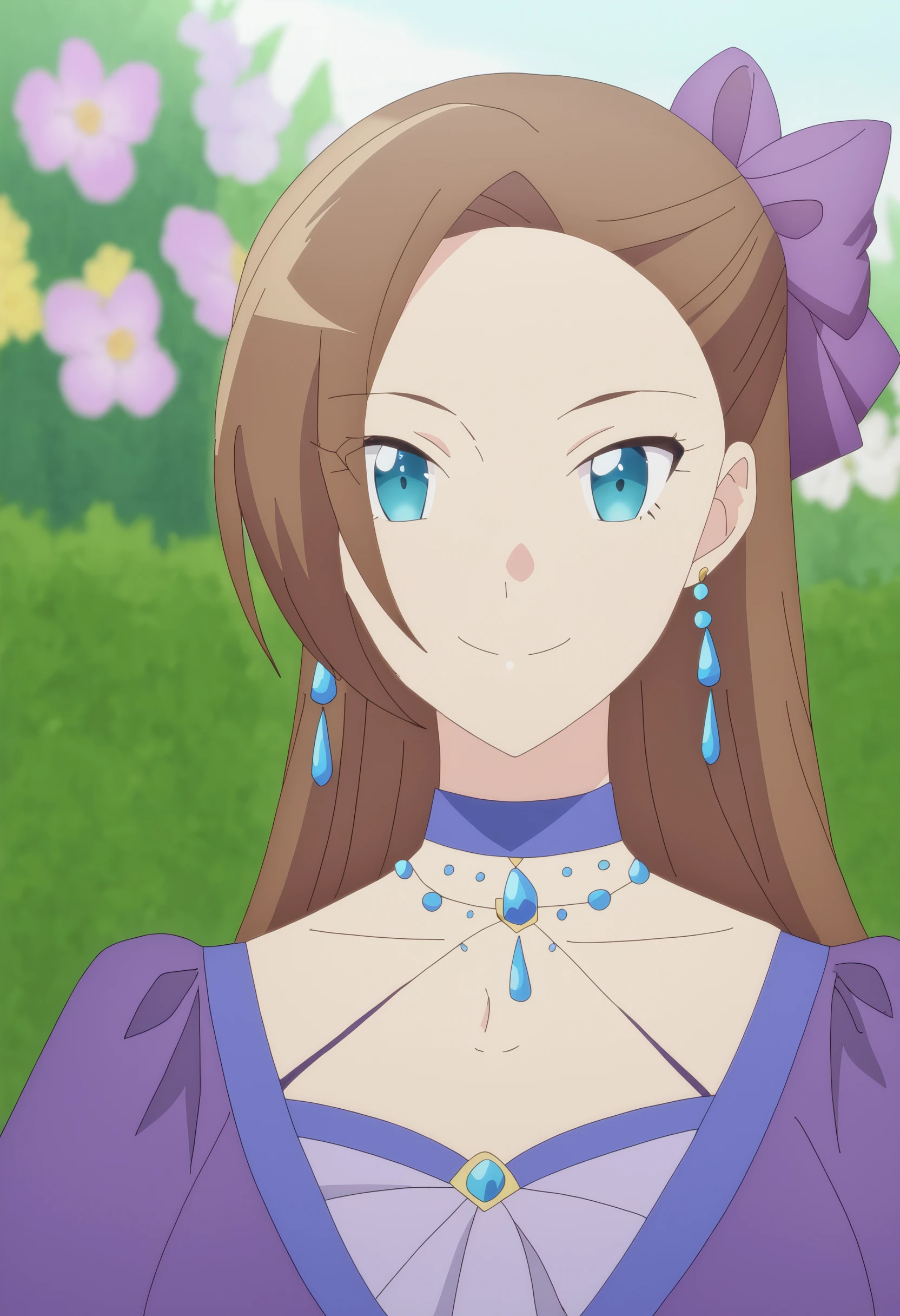 score_9, sysdeep_katarina, 1girl, solo, long_hair, smile, bangs, blue_eyes, brown_hair, dress, bow, jewelry, closed_mouth, flower, hair_bow, earrings, choker, blurry, depth_of_field, blurry_background, purple_dress, purple_bow, asymmetrical_bangs, blue_choker, anime_coloring, <lora:Katarina Claes  - [My Next Life as a Villainess - All Routes Lead to Doom!] - PonyXL Version 1:1>