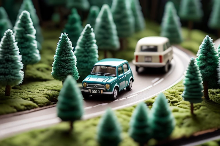 <lora:Fluffy_Macro:1.1>a tiny little macro word with fluffy trees and cars on a winding road through a forest, detailed, realistic, fluffy, photographic