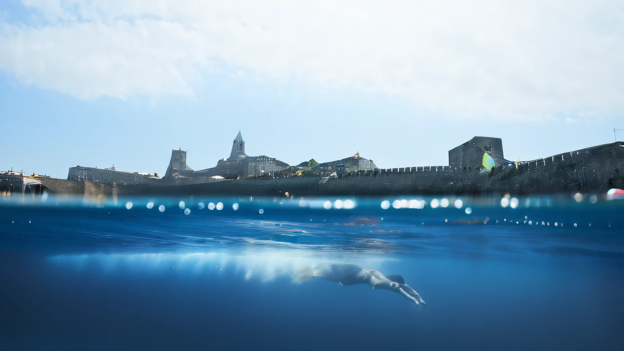 a person swimming under the water in front of a large building with a clock tower on the top of it <lora:Splitshot:1>