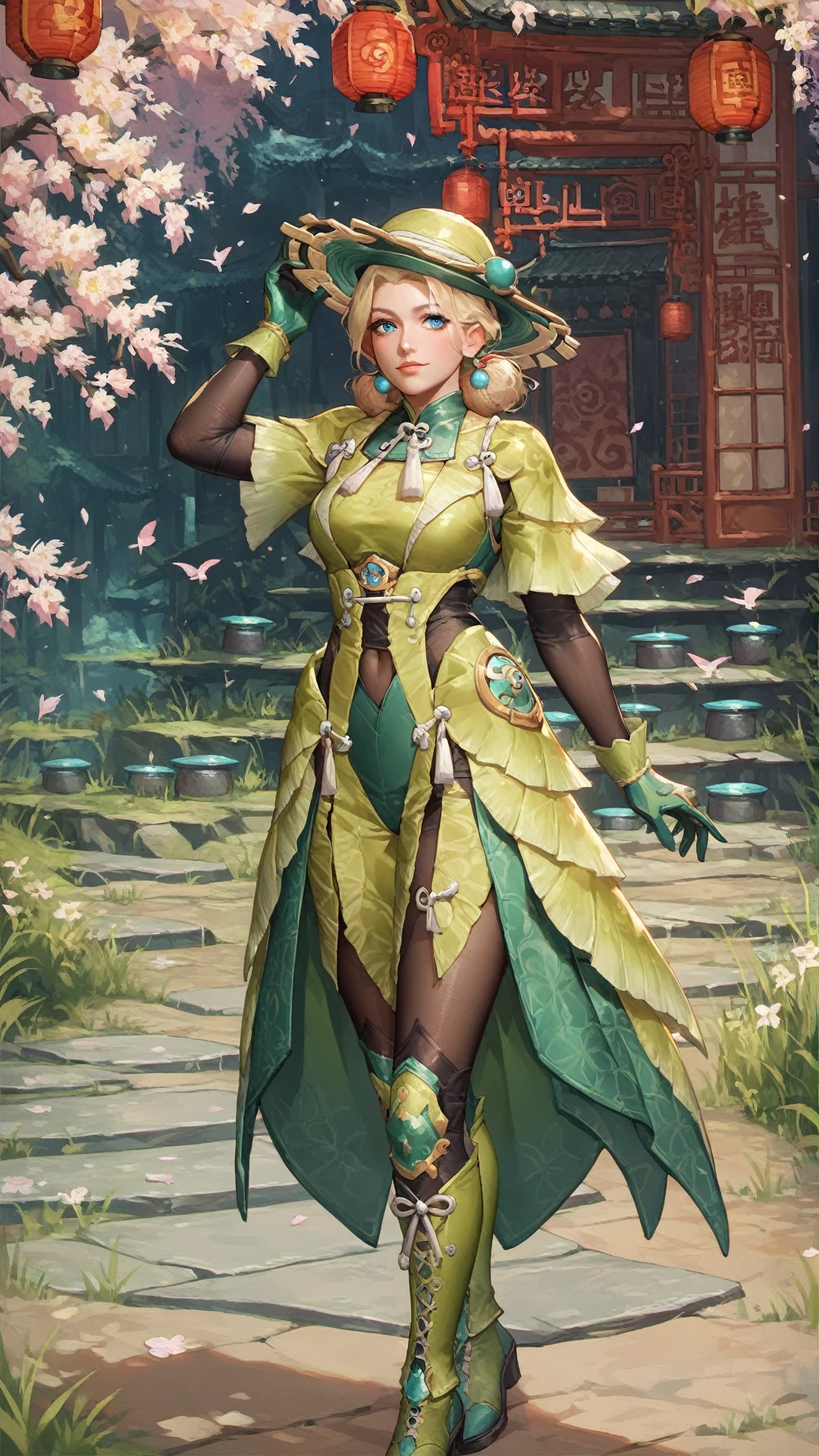 score_9, score_8_up, score_7_up, Smooth 2, Anime 2, jelly outfit, jeldan, (((a woman in a green outfit and a hat))), blonde hair, blue eyes, <lora:Smooth Anime 2 Style SDXL_LoRA_Pony Diffusion V6 XL:0.7>, <lora:Jelly_OutfitXL_Monster_Hunter_Rise-000007:0.7>