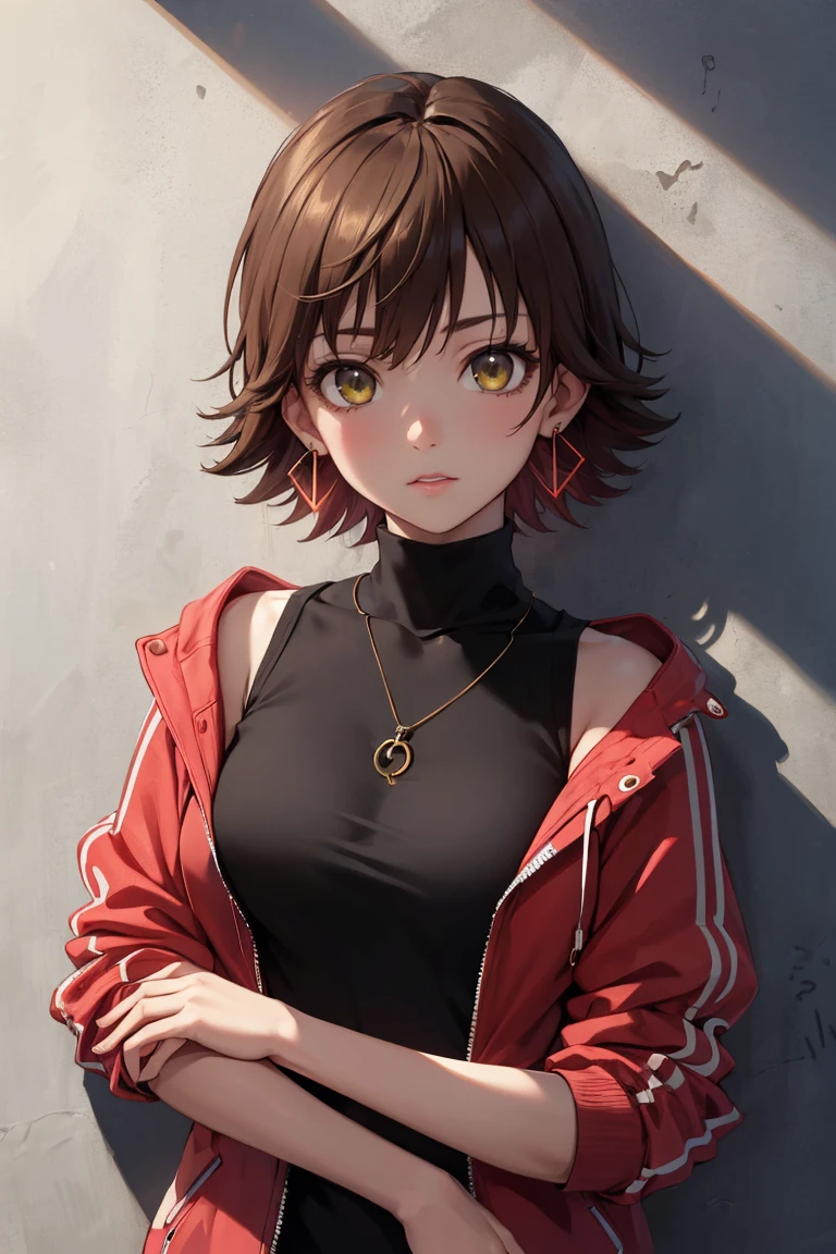 masterpiece, best quality, absurdres, 1girl, solo, HondaMio, short hair, earrings, sharp eyes, choker, neon shirt, open jacket, turtleneck sweater, night, against wall, brick wall, graffiti, dim lighting, alley, looking at viewer, <lora:HondaMio:1>