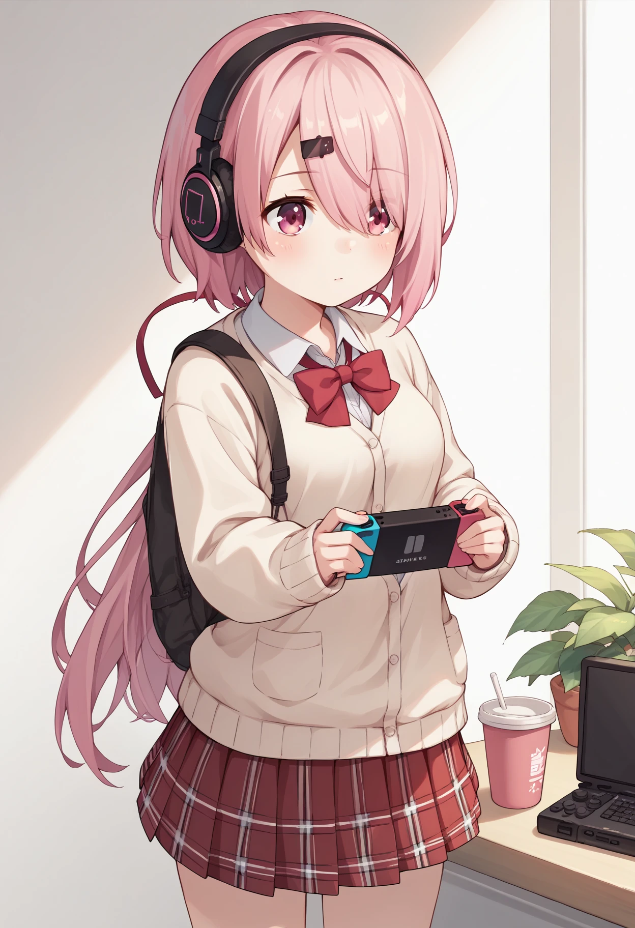 score_9, score_8_up, score_7_up, score_6_up, score_5_up, score_4_up, BREAK source_anime, syuika, pink eyes, pink hair, hair over one eye, hairclip, low ponytail, medium breasts, hair ribbon, bow, cardigan, brown cardigan, sleeves past wrists, skirt, red skirt, plaid, headphones, handheld game console<lora:ShiinaYuikaXL-20:1>