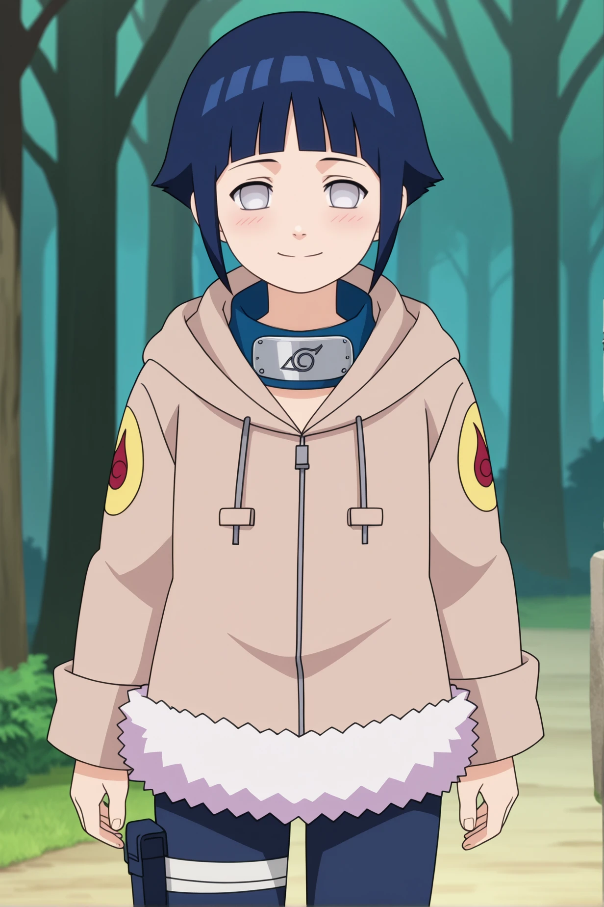 score_9, score_8_up,source_anime,
<lora:HinaGeninXL:1>,short hair, dark blue hair, no pupils, 1girl, blunt bangs, shiny hair, grey eyes, hoodie, solo, hood down, long sleeves, looking at viewer, blush, fur trim, capri pants, standing, smile, closed mouth,standing, cowboy shot, bandages, thigh holster,konohagakure symbol, forehead protector,
outdoors, forest,
anime screencap, anime coloring,