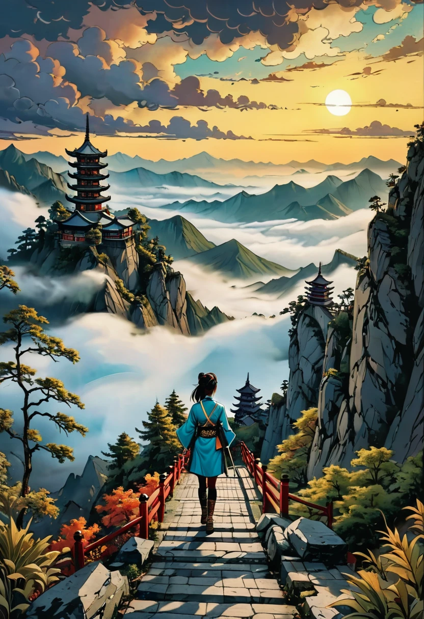 (best quality, masterpiece, absurdres, highres, ultra_detailed, dynamic angle:1.2), Yoko Tsuno <lora:yoko_tsuno-xl-v2-000014:0.7> with traditional chinese ming clothes, walking on a stone path in the mountains, chinese pagoda engulfed in fog and clouds in the distance, view from behind, peaceful atmosphere, 1girl, solo, alone, traditional media, 1990s \(style\), retro artstyle, (intricate details, hyperdetailed:1.15), (ultrahigh resolution textures), bokeh, panoramic, (volumetric, cinematic) lighting, <lora:EnvyPanoramaXL01:1>