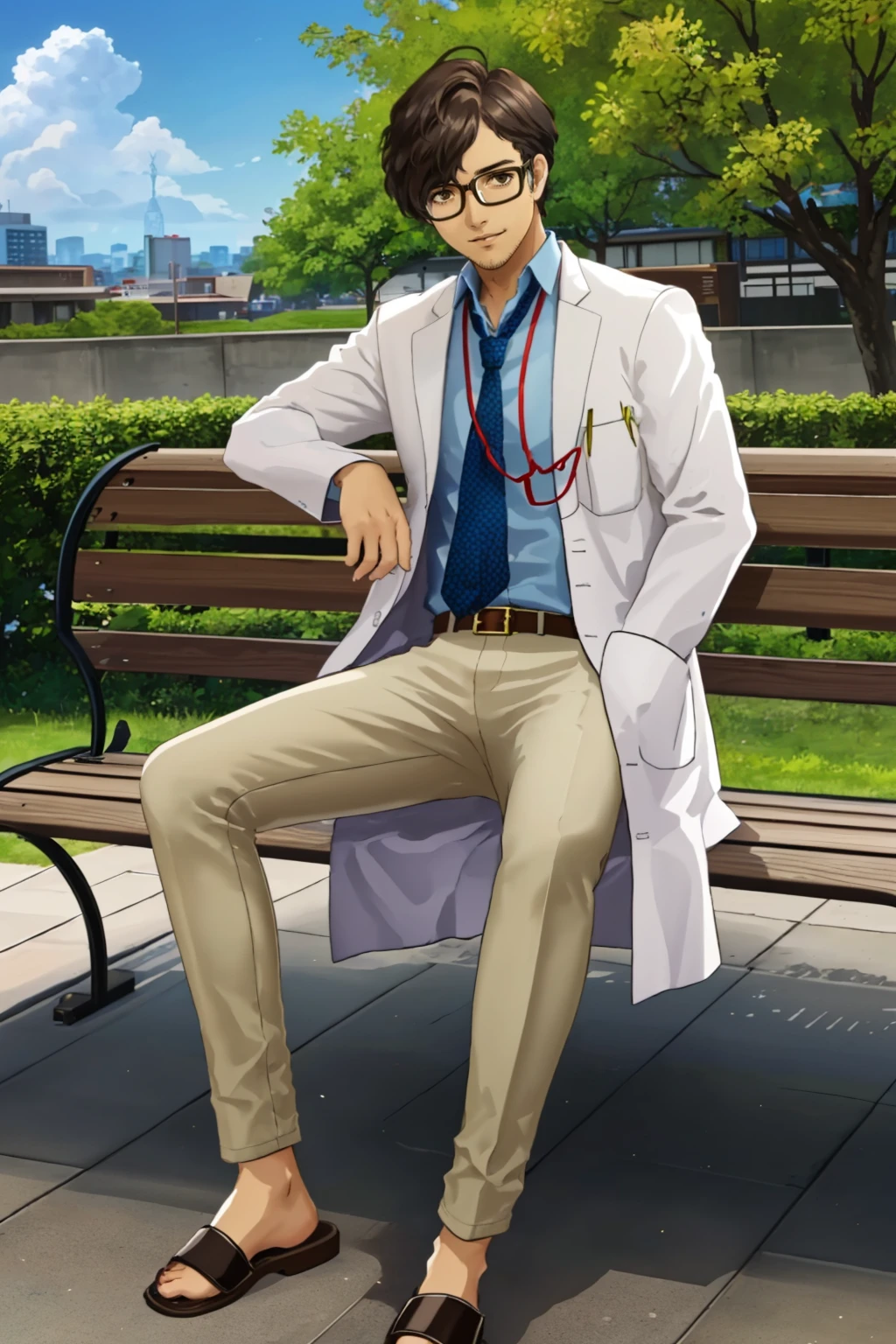 masterpiece, sitting, 1boy, looking at viewer, smile, parted lips, juice box, <lora:MarukiP5:0.8> marukiP5, glasses, labcoat, blue shirt, necktie, stubble, belt, pants, sandals, park bench, tree, sky, cloud, cityscape