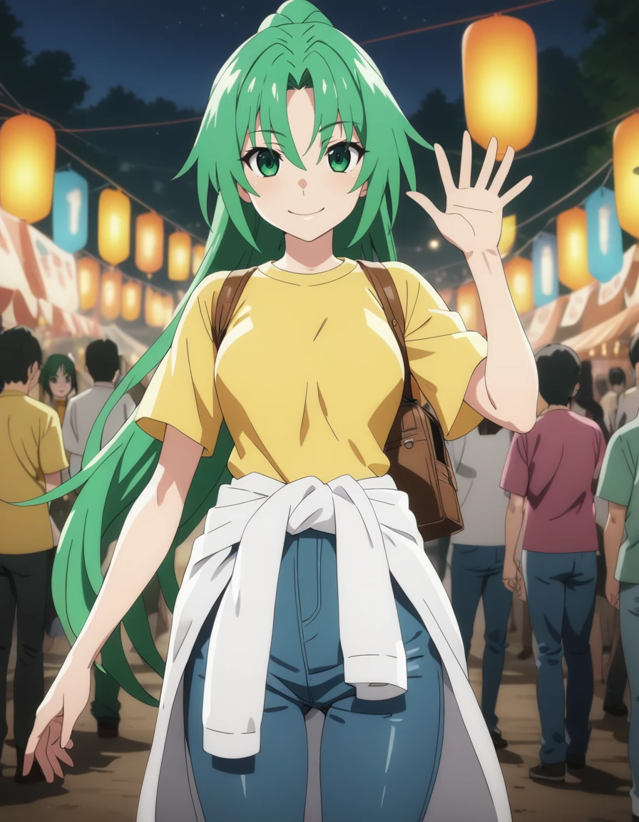 1girl,
<lora:sonozakimionXL1:0.8>,sonozakimion,
green eyes,green hair,long hair,ponytail,
clothes around waist, yellow shirt,pants,
smile,
waving at viewer,
festival,
night,
masterpiece, best quality, ultra detailed, highres,4k,(ultra-detailed:1.4) (illustration:0.5), (ray tracing,:0.8),(anime colored:0.7),(ai-generated:0.5), (anime screencap:1.2),
