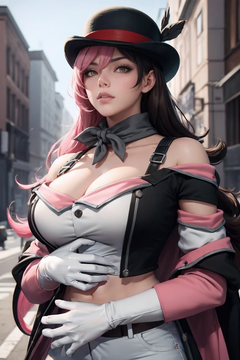 masterpiece, best quality, high quality, highres, outdoors, day, upper body, looking at viewer, solo, focused, BREAK, 
CARTOON_RWBY_neo_politan_ownwaifu,
1girl, brown hair, brown eyes, breasts, large breasts, heterochromia, pink eyes, hair between eyes, bangs, collarbone, shiny skin, hair over one eye, long hair, multicolored hair, pink hair, hat, split-color hair, two-tone hair, bowler hat, 
navel, cleavage, belt, white gloves, black headwear, detached sleeves, midriff, white pants, bare shoulders, belt buckle, black sleeves, off shoulder, white belt,  tight pants,
<lora:CARTOON_RWBY_neo_politan_ownwaifu:0.8>