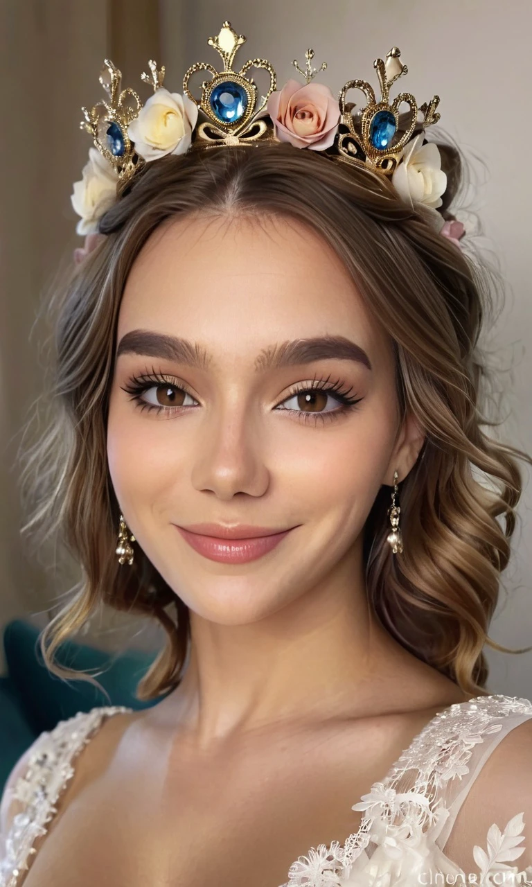 Seltin, portrait, eye makeup, wearing crown, smiling, flowers in hair