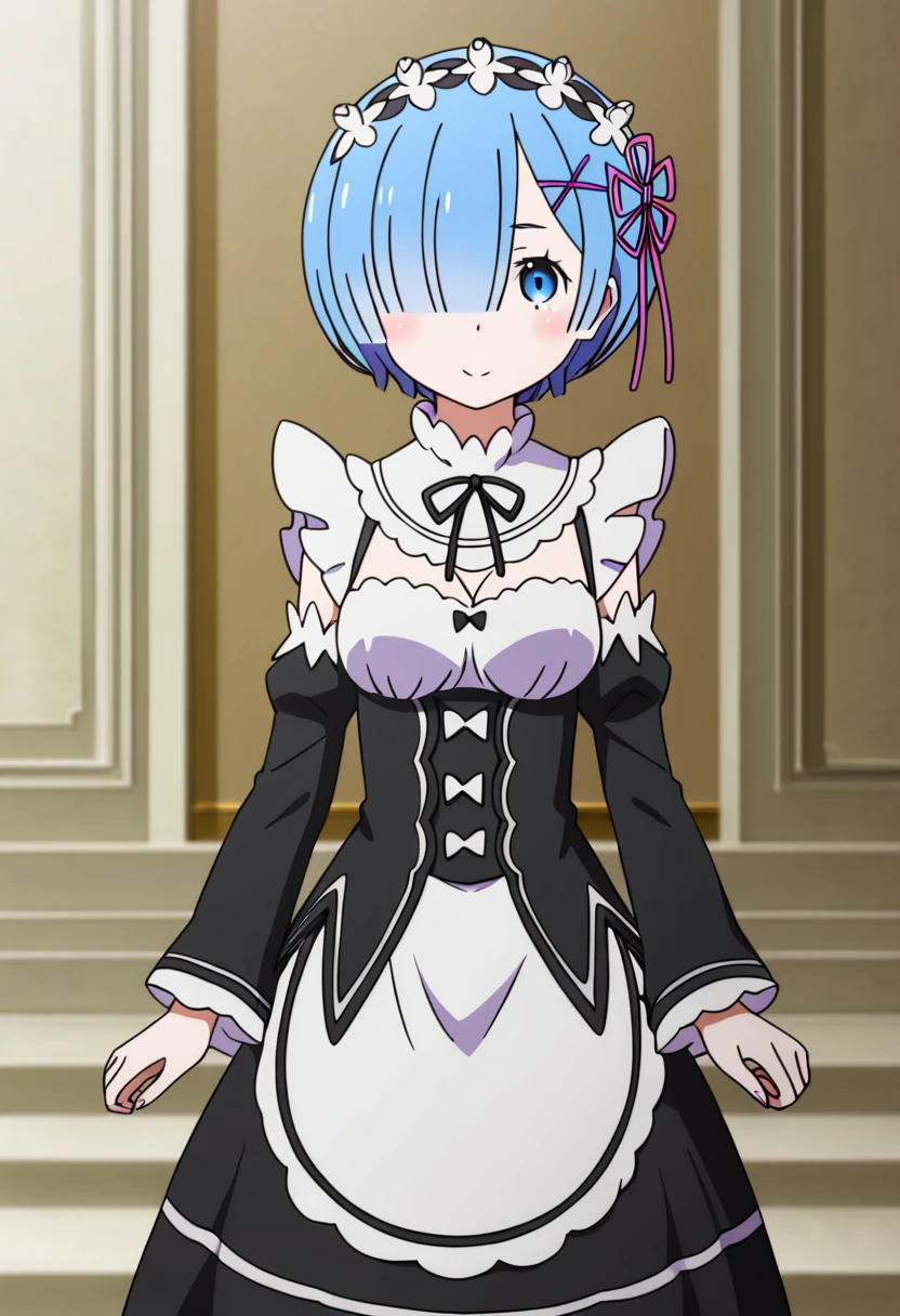 <lora:rem:1> rem \(re:zero\) rem, 1girl, solo, short hair, blue hair, rem (re:zero), roswaal mansion maid uniform, detached sleeves, blue eyes, hair over one eye, ribbon